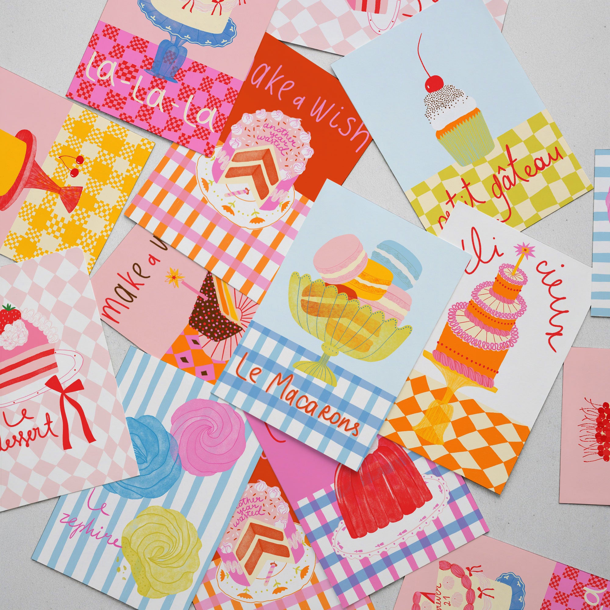 a variety of colorful and whimsical illustrations of desserts and pastries, including cakes, macarons, and other sweet treats.