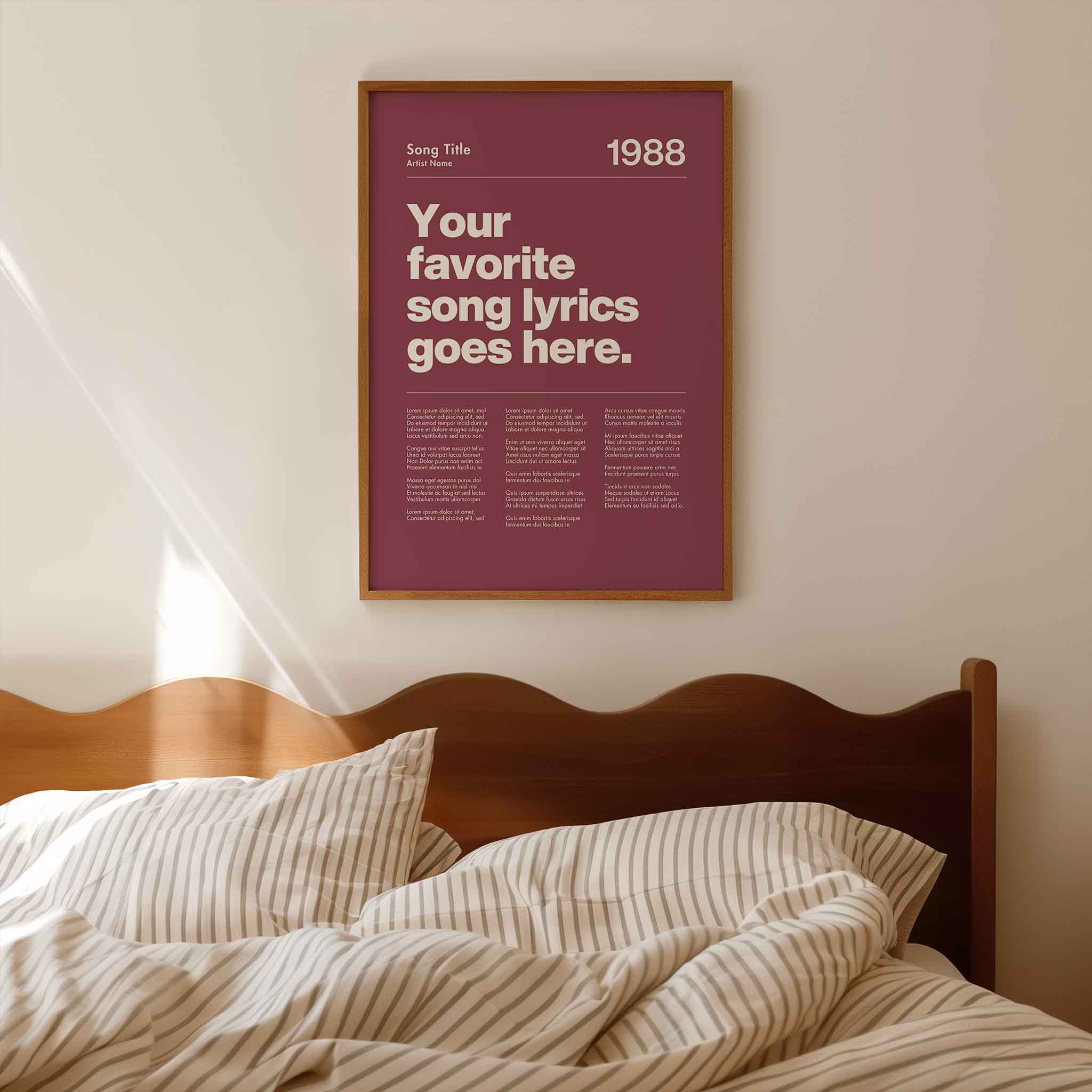 a bed with a poster above it that says your favorite song lyrics goes here