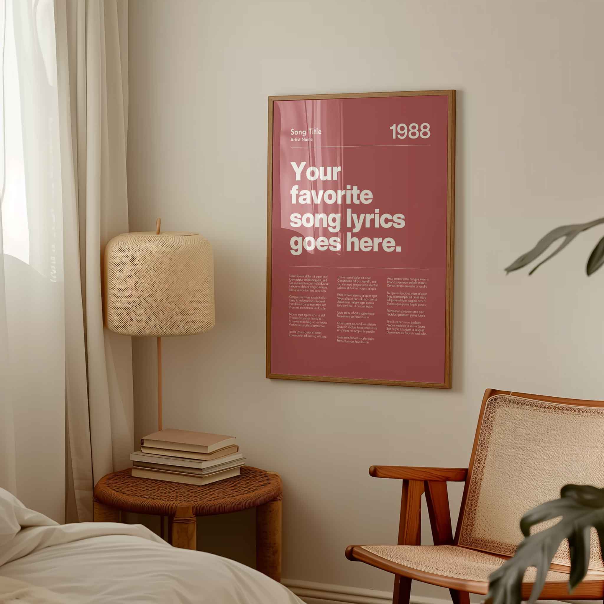 a bedroom with a poster hanging on the wall