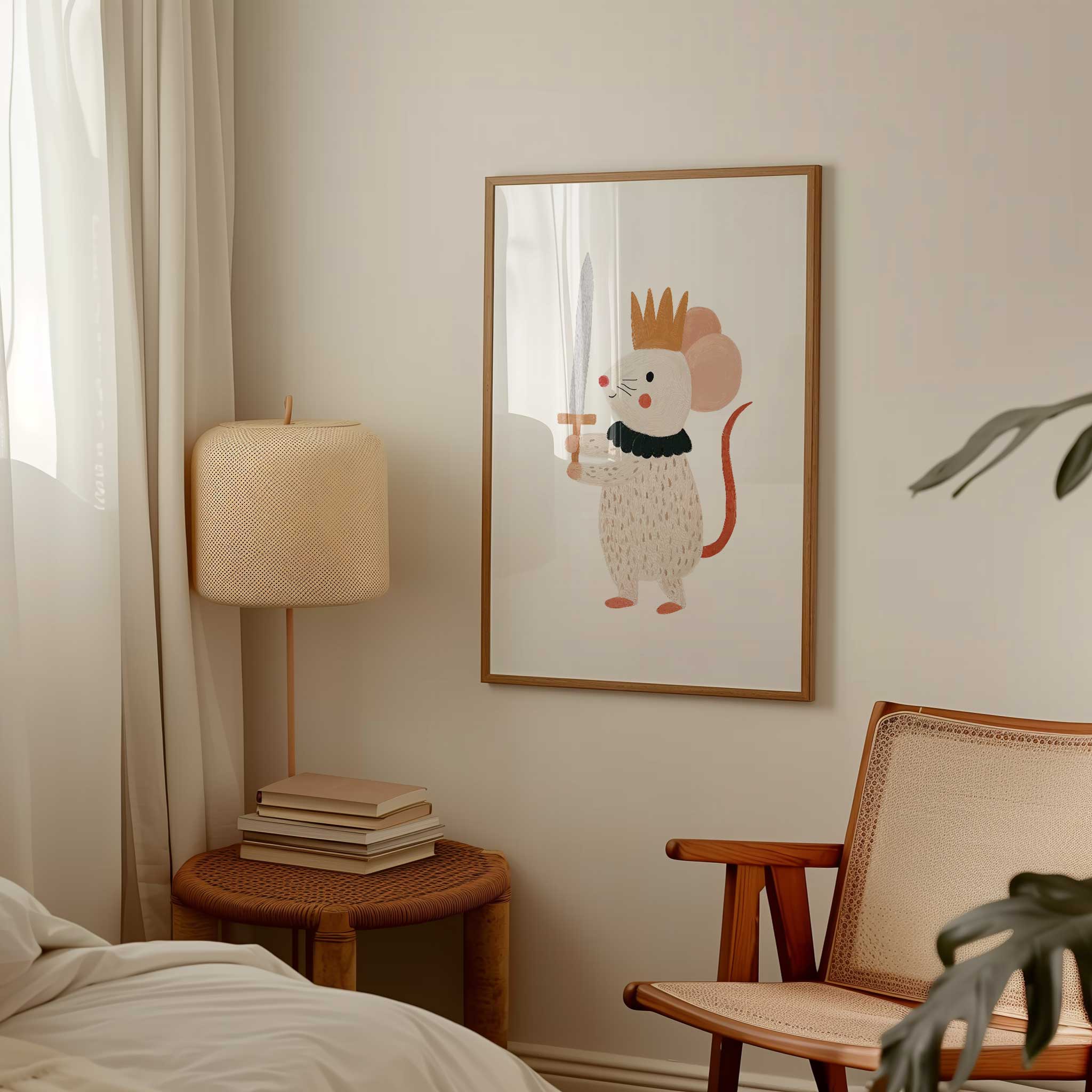 Brave Sword King Mouse with crown, adventurous aesthetic print for fairy tale playroom