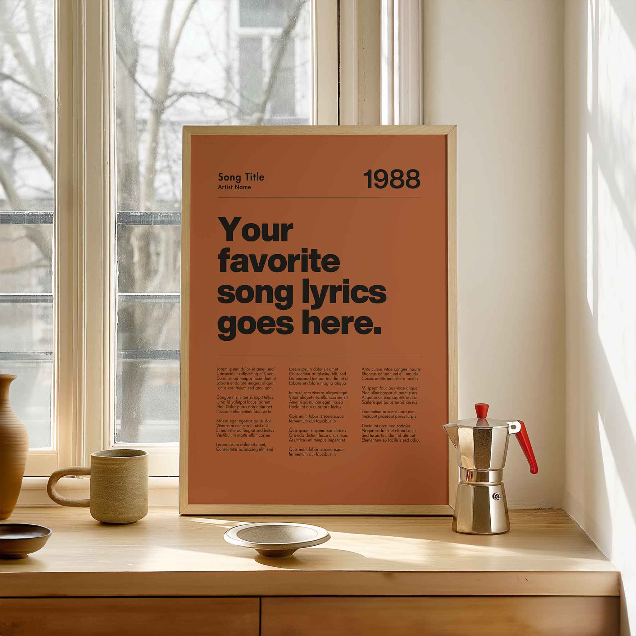 a poster sitting on top of a table next to a window