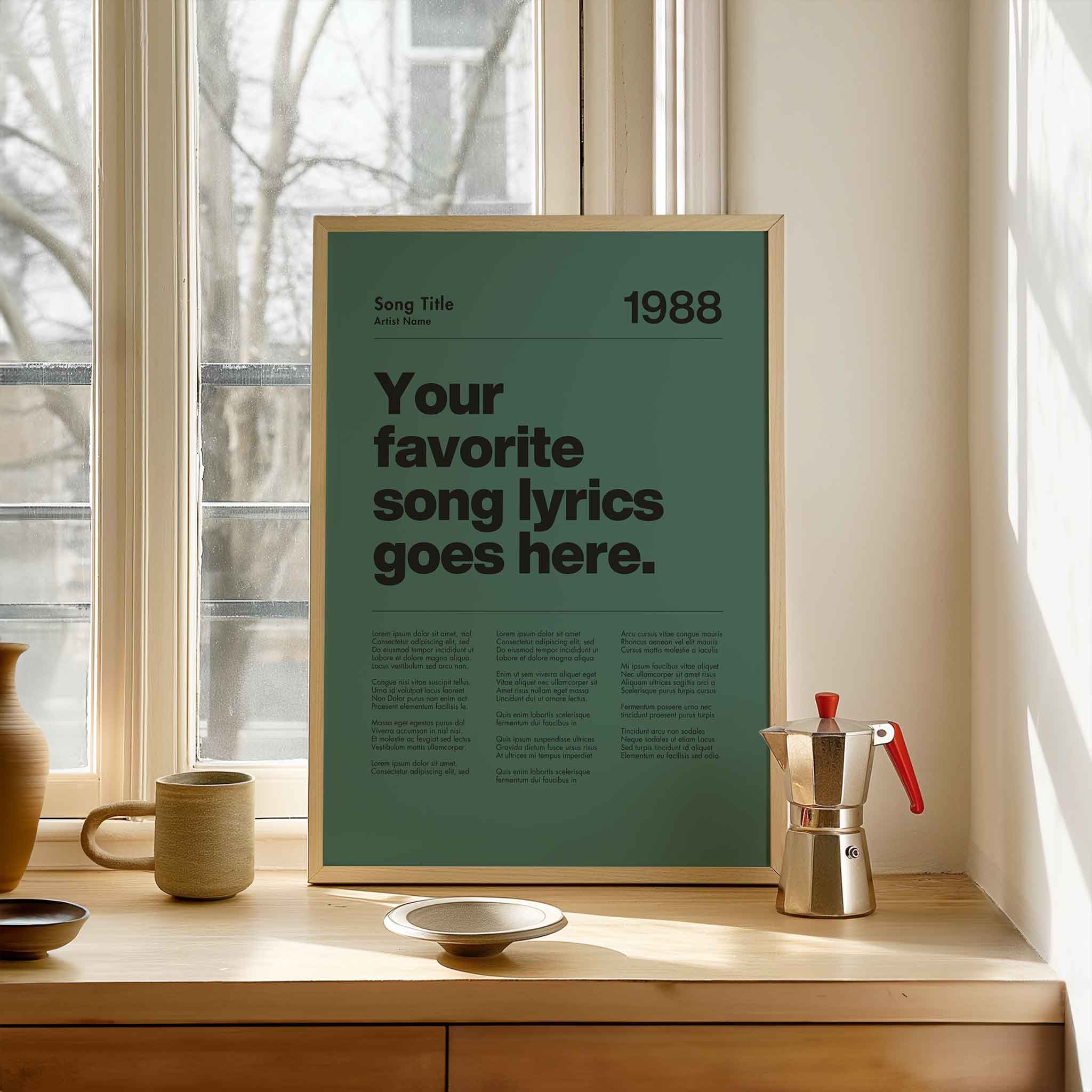 a poster sitting on top of a table next to a window