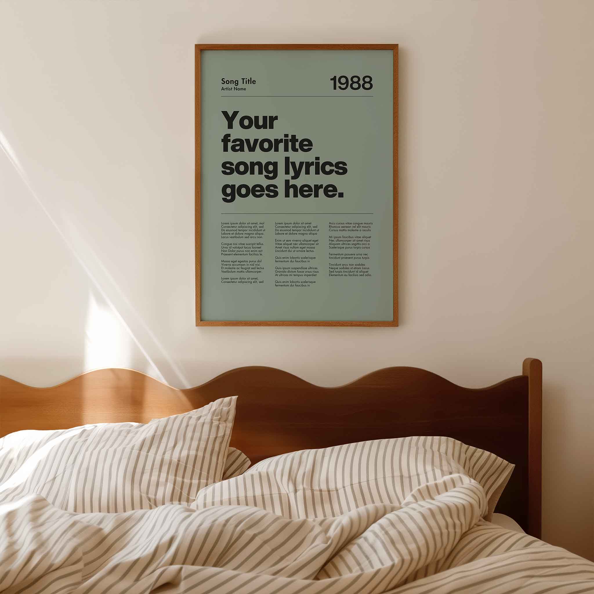 a poster hanging on the wall above a bed