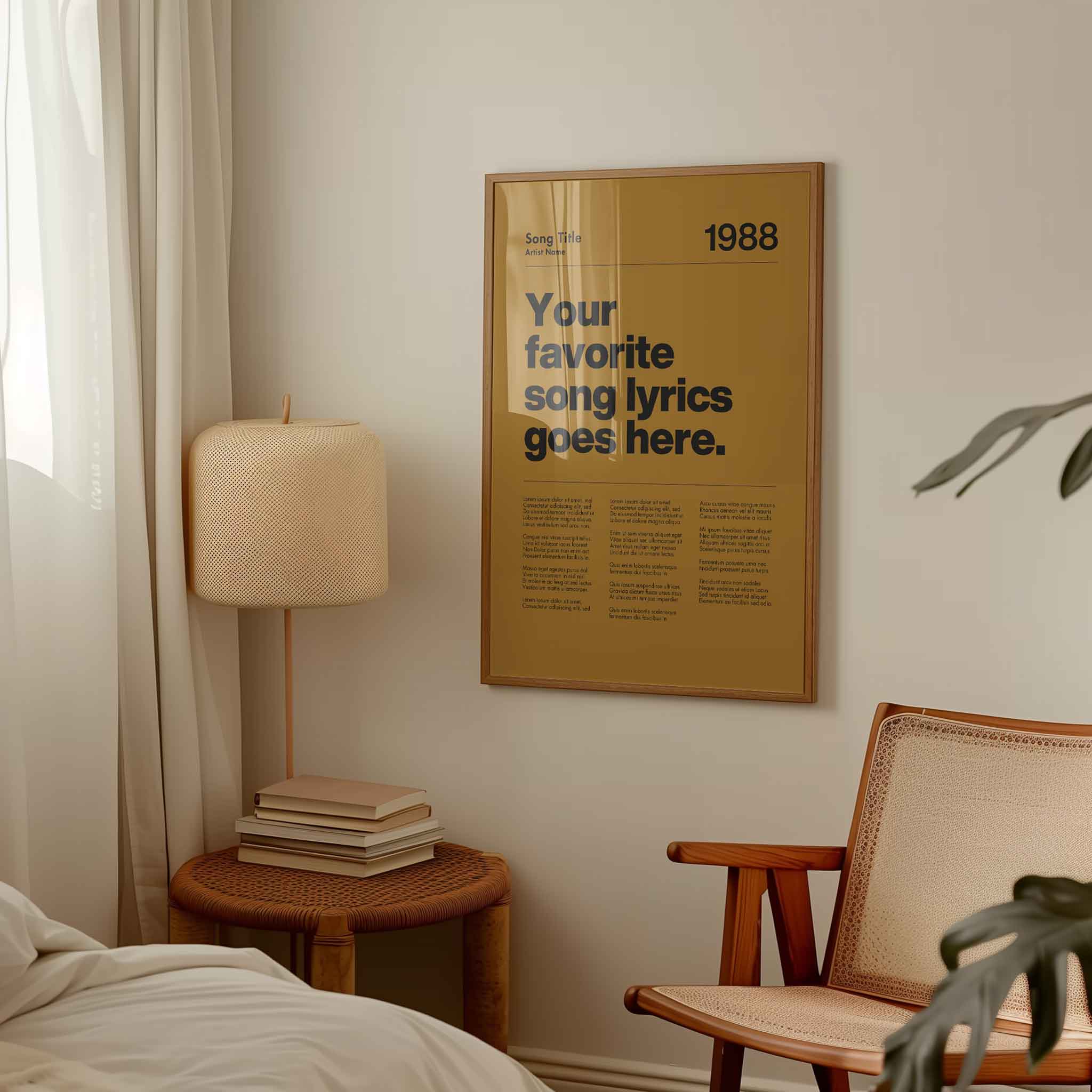 a bedroom with a poster on the wall
