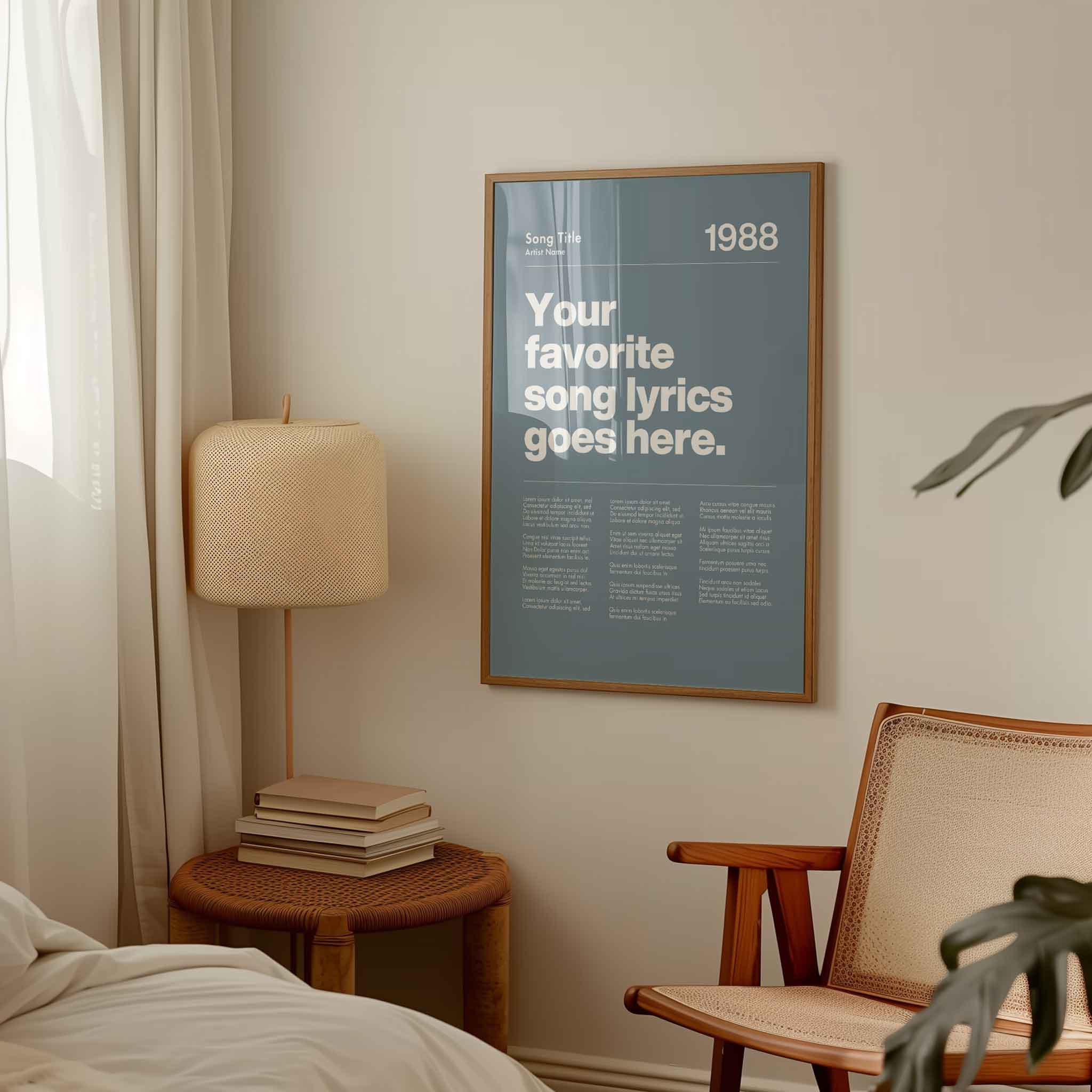 a bedroom with a poster hanging on the wall