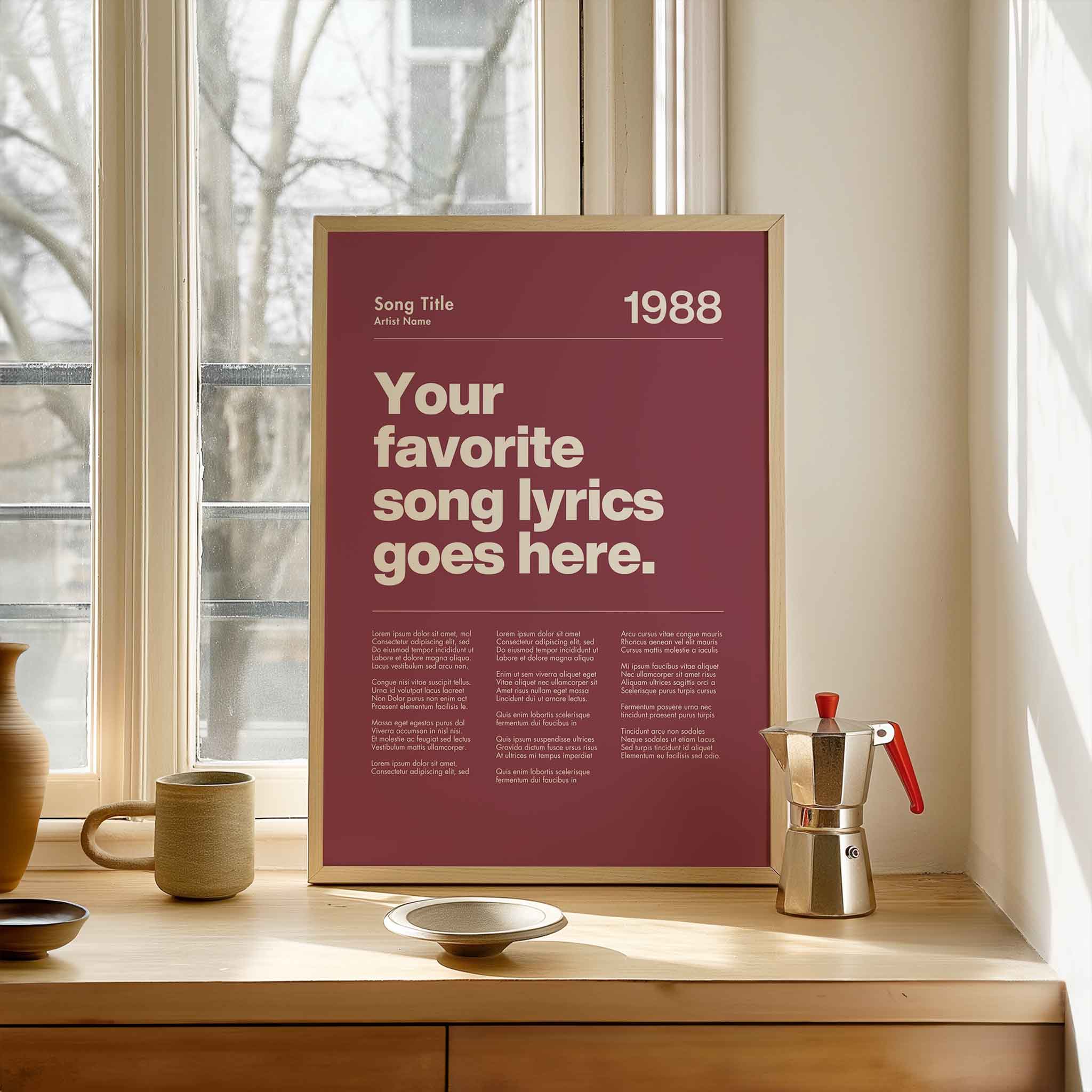 a poster sitting on top of a table next to a window