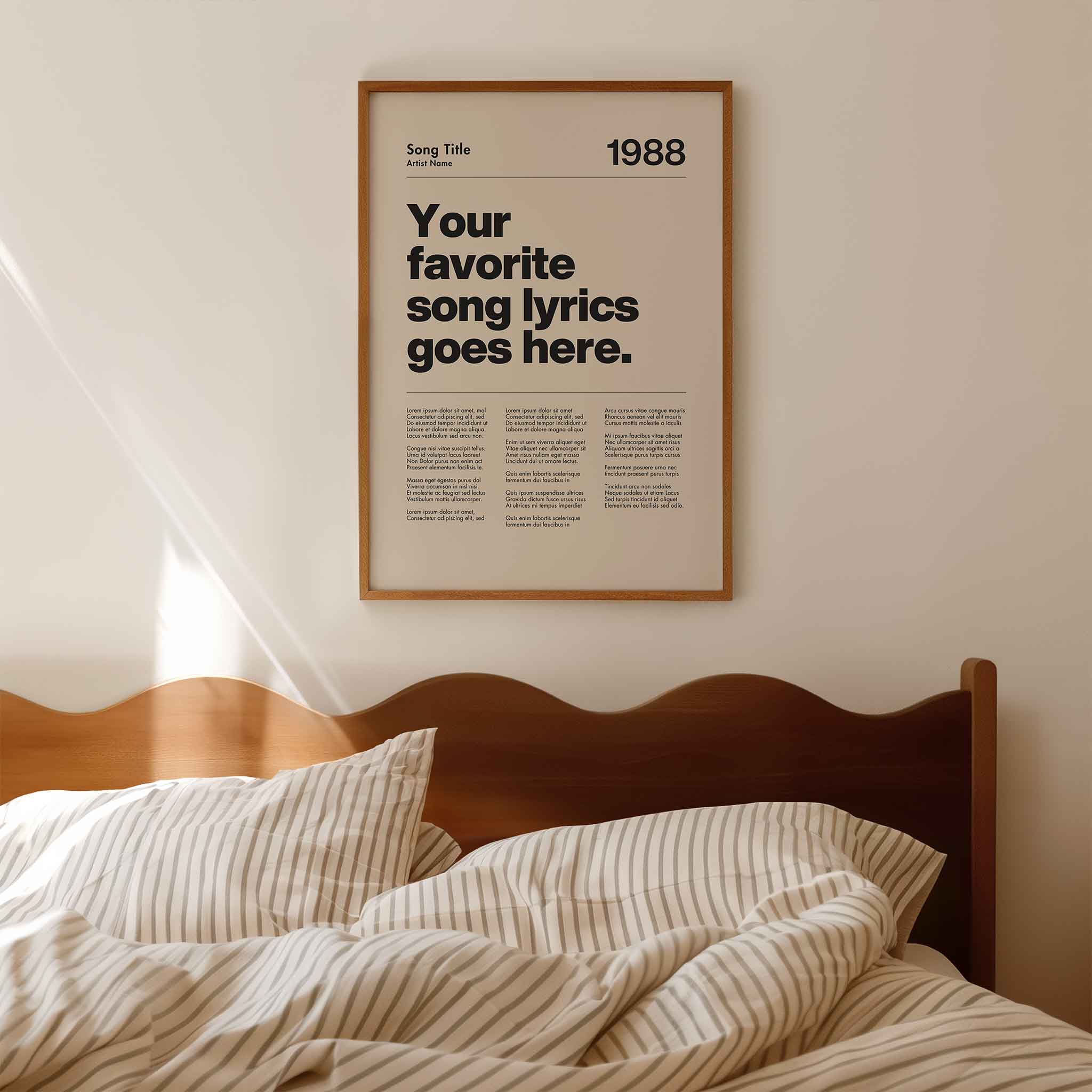 a poster hanging on the wall above a bed