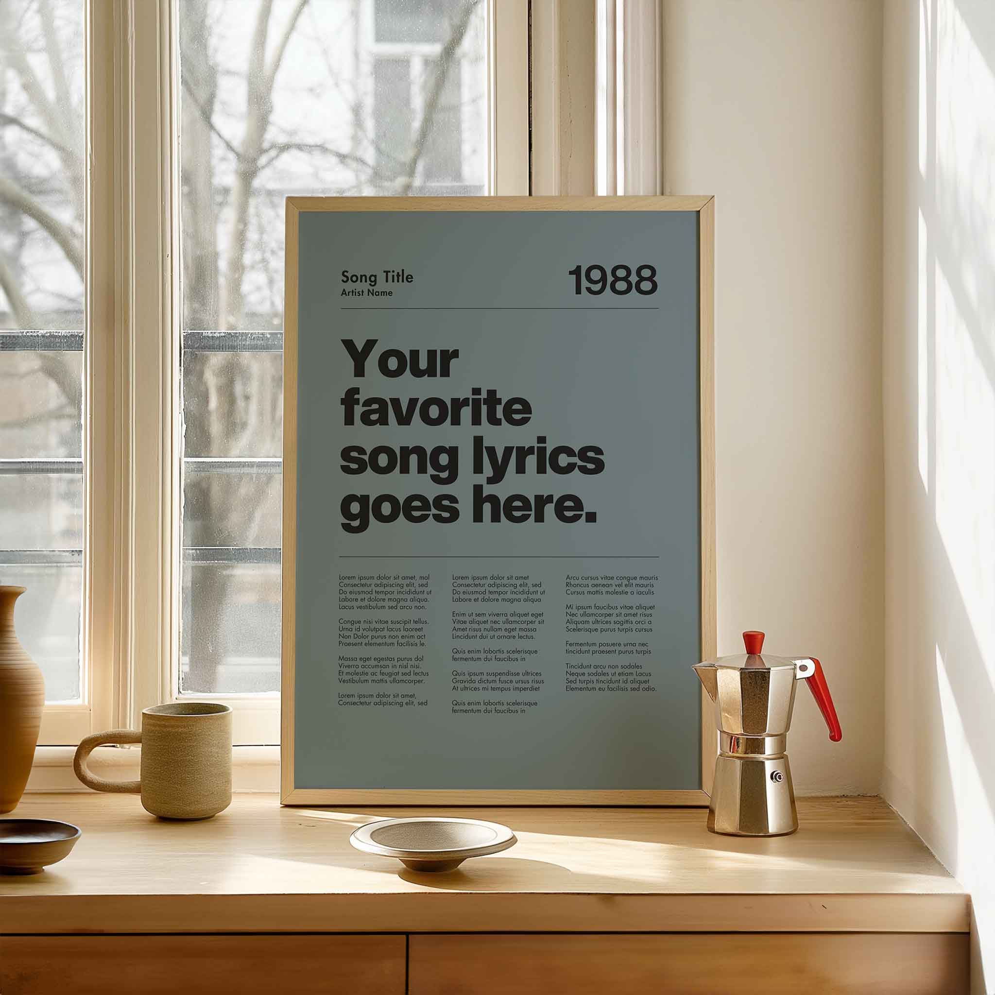 a poster sitting on top of a table next to a window