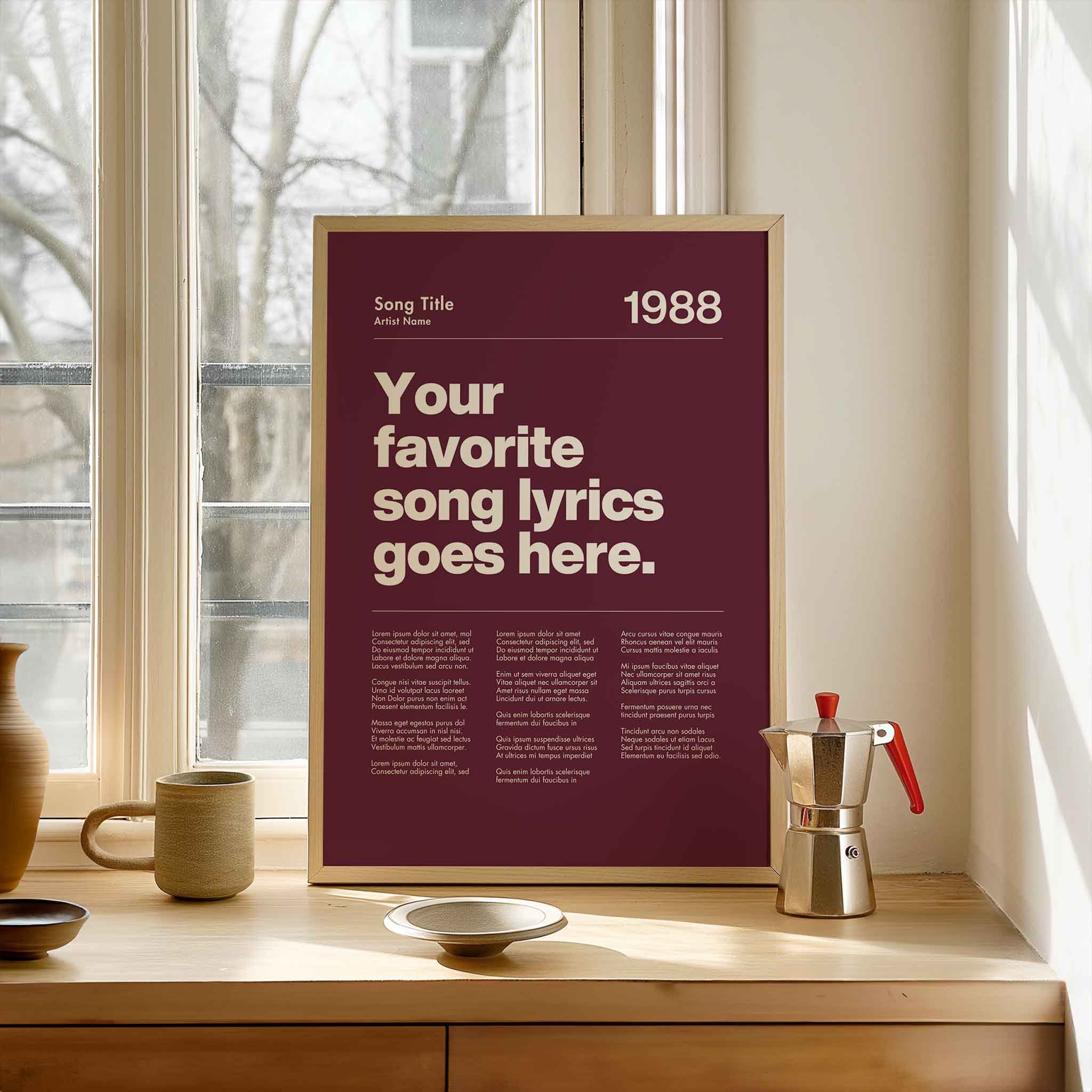 a poster on a table next to a window