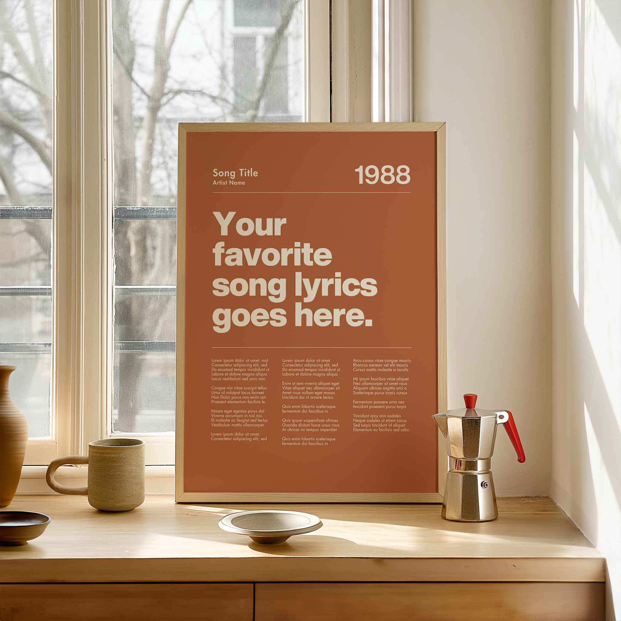 a poster sitting on top of a table next to a window