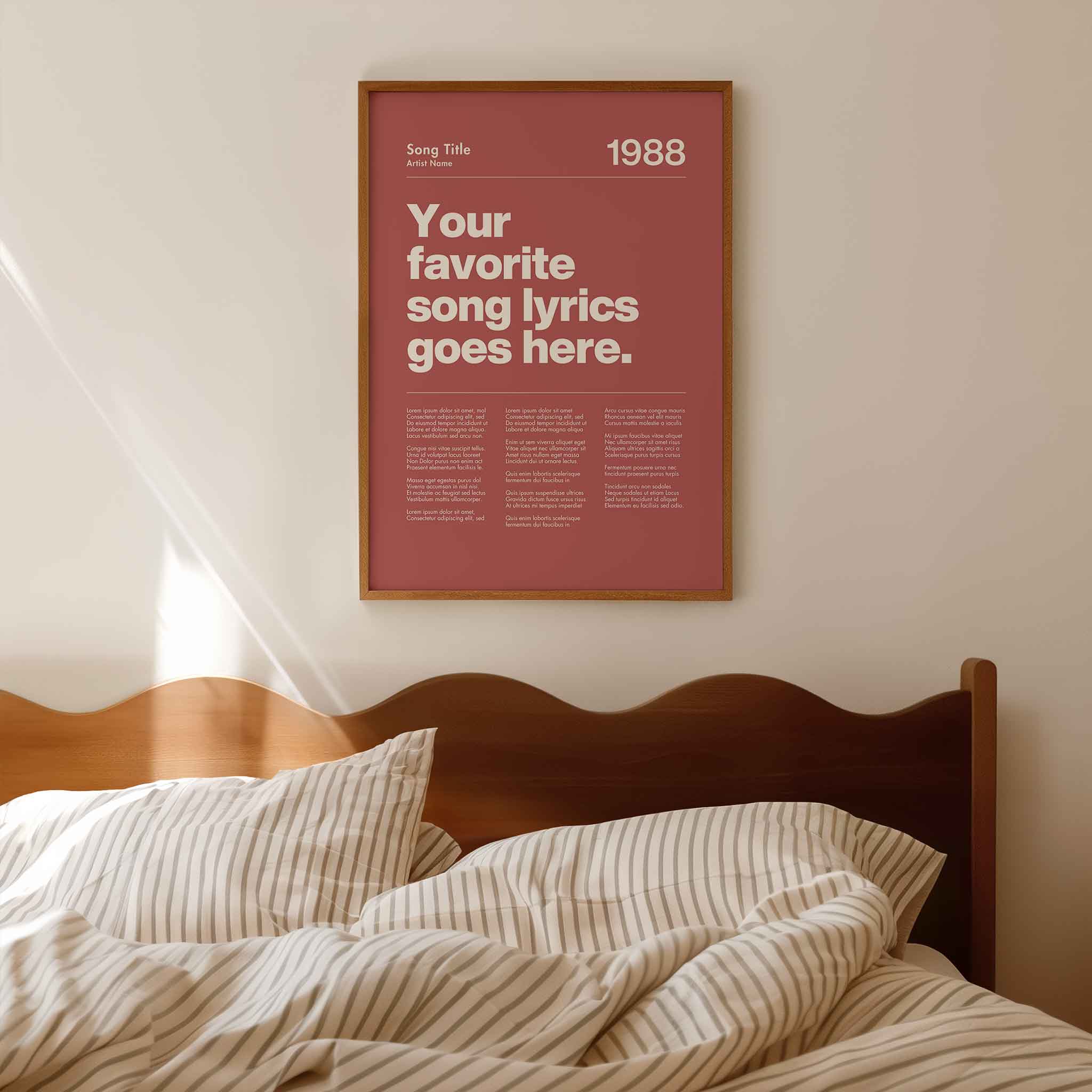 a bed with a poster above it that says your favorite song lyrics goes here