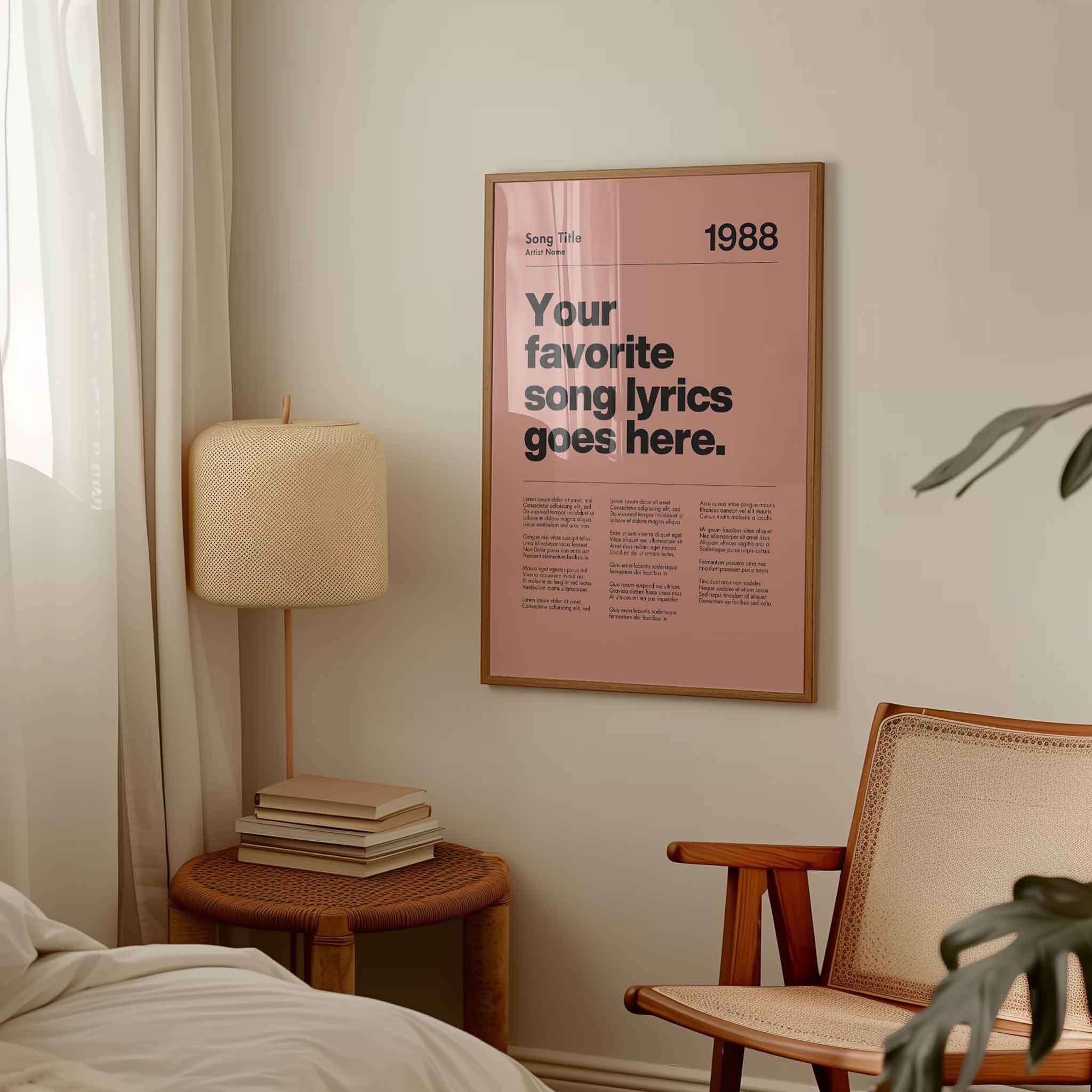 a bedroom with a poster hanging on the wall