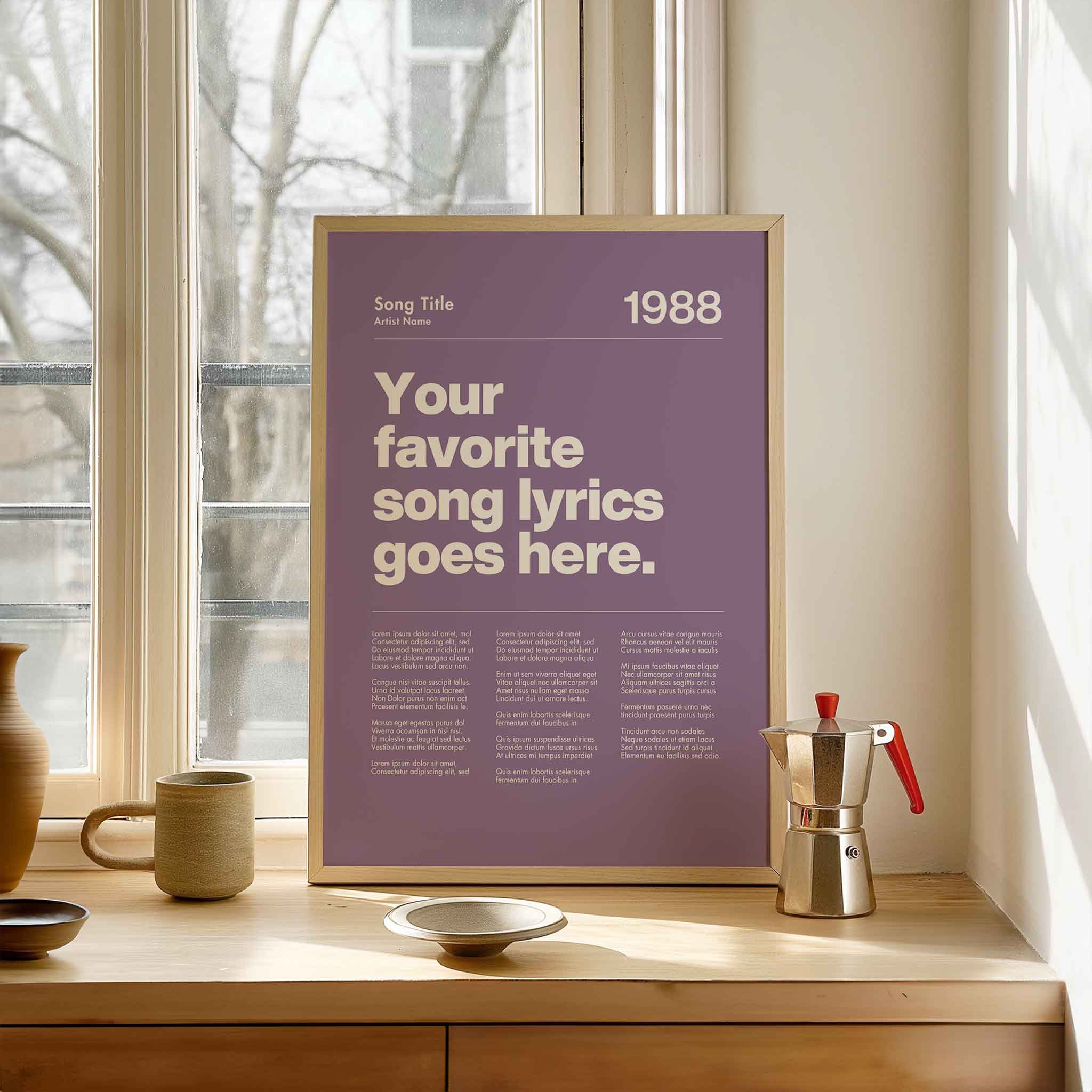 a poster on a table next to a window