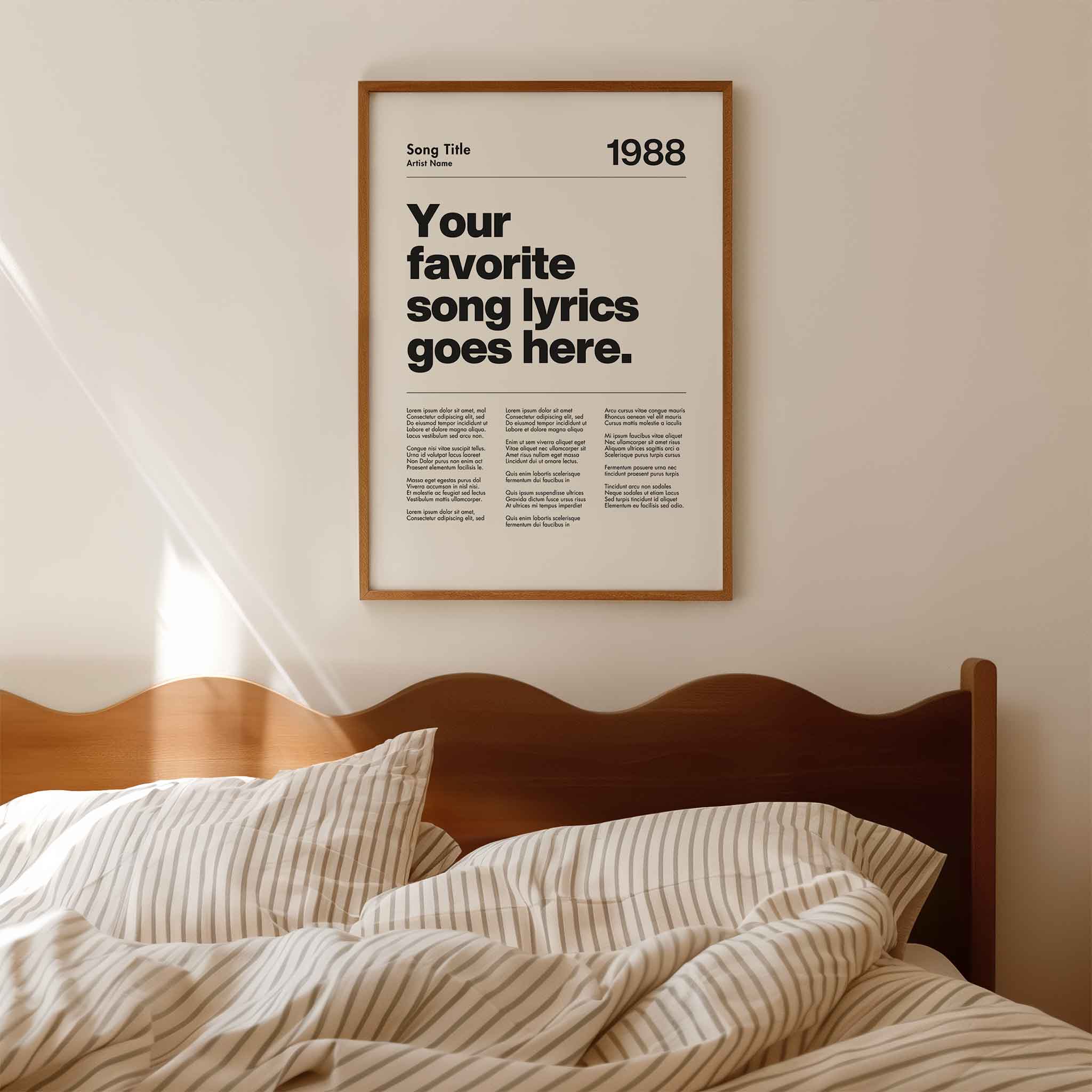 a bed with a poster above it that says your favorite song lyrics goes here
