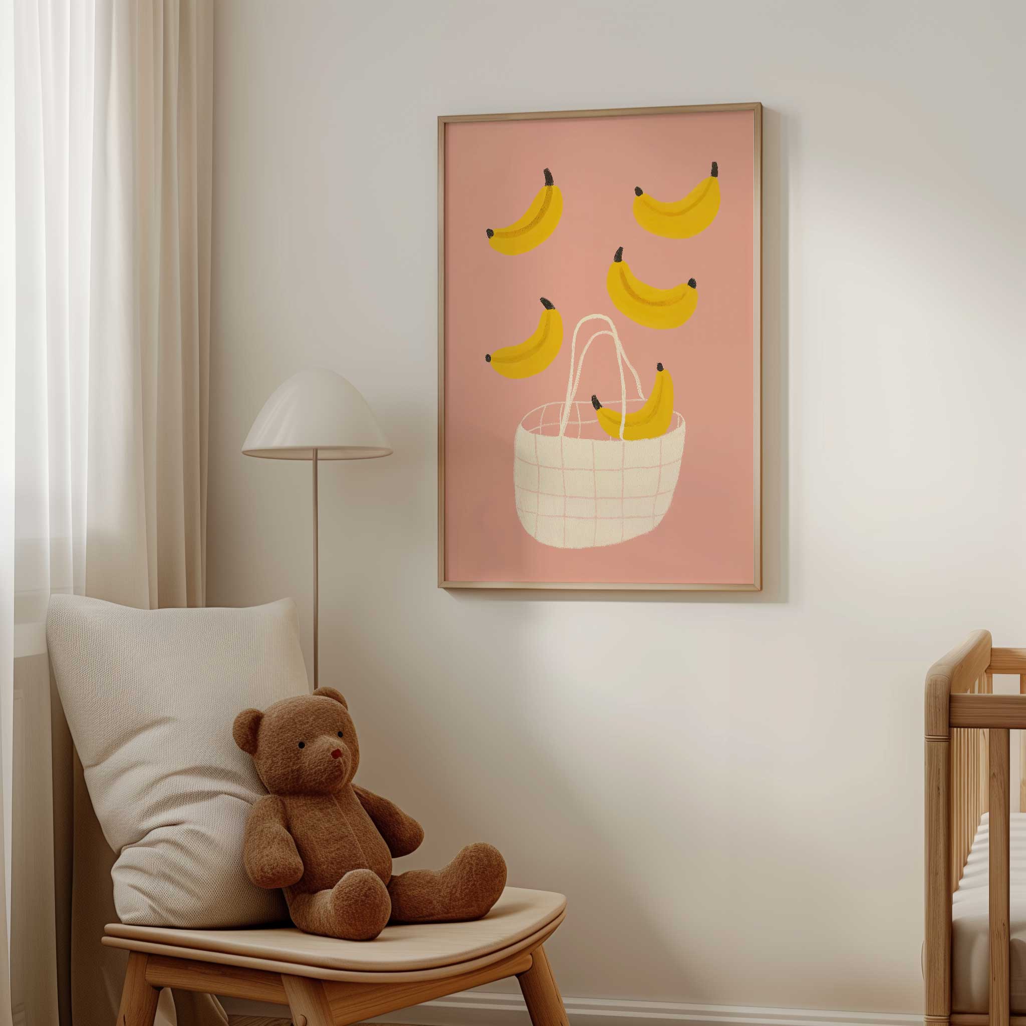 Playful Bananas in Basket illustration, colorful minimalist print for kitchen or kids room