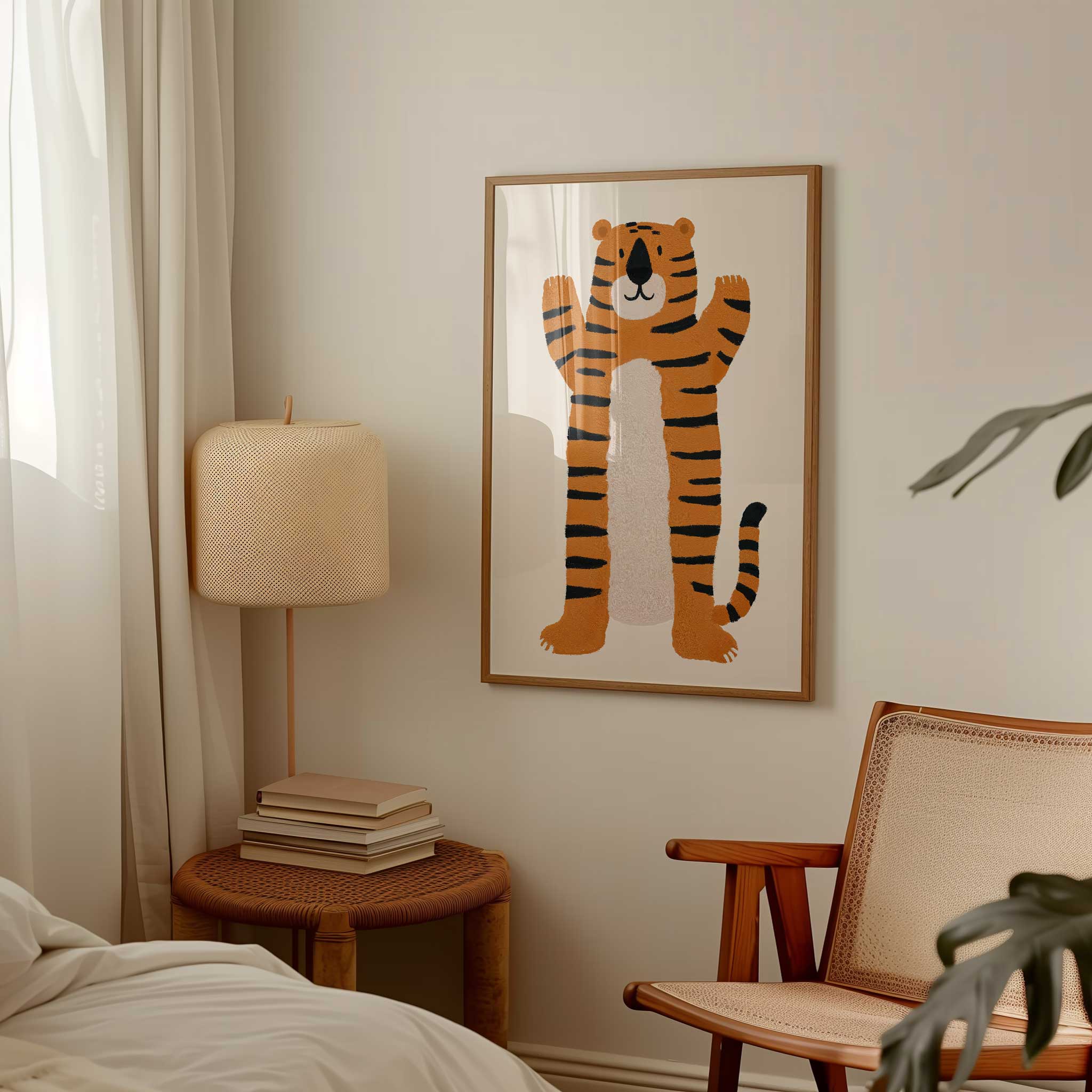Playful Friendly Tiger kids illustration, bold modern wall art for adventurous character room