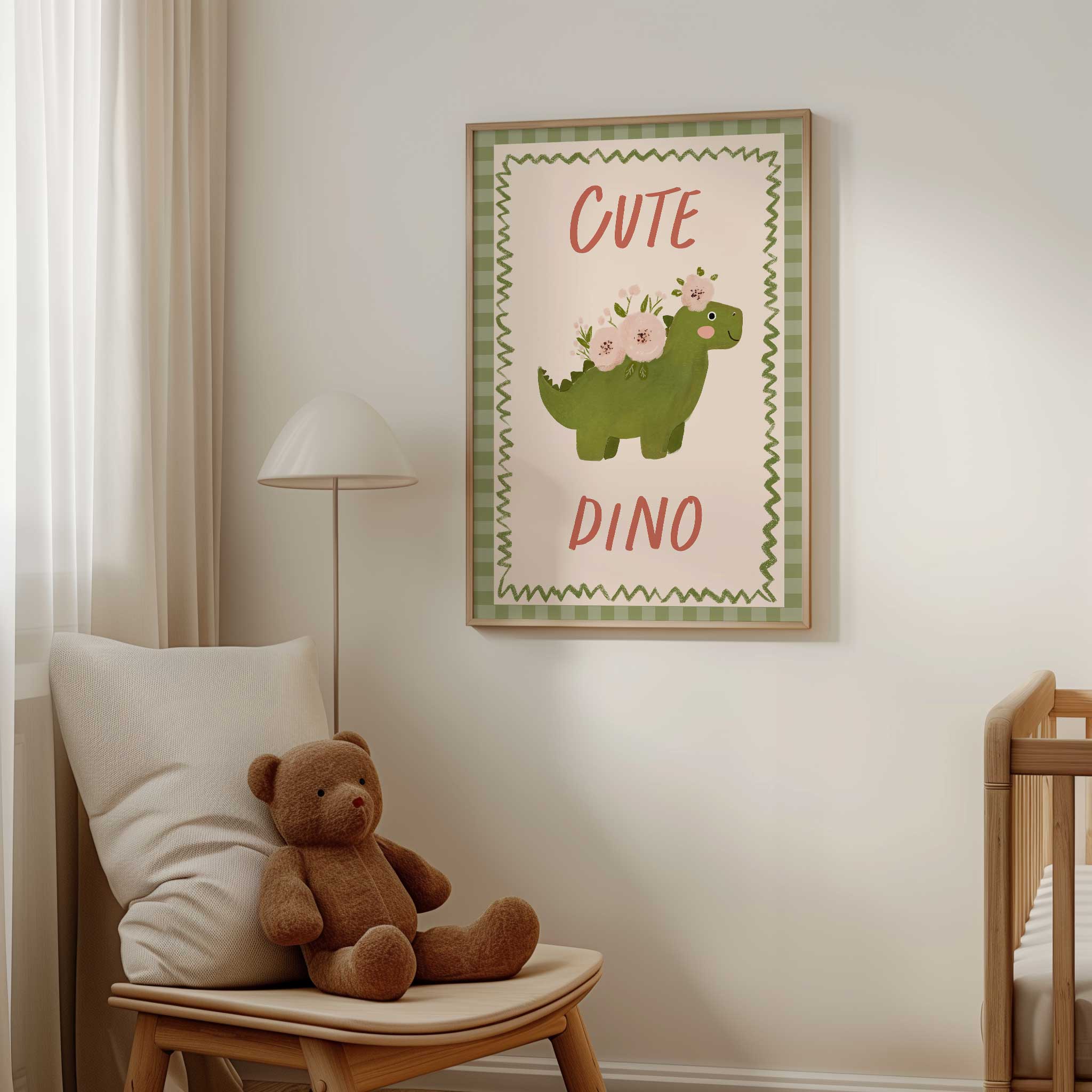 Playful Cute Dino with soft florals, sweet minimalist print for whimsical dino-loving playroom
