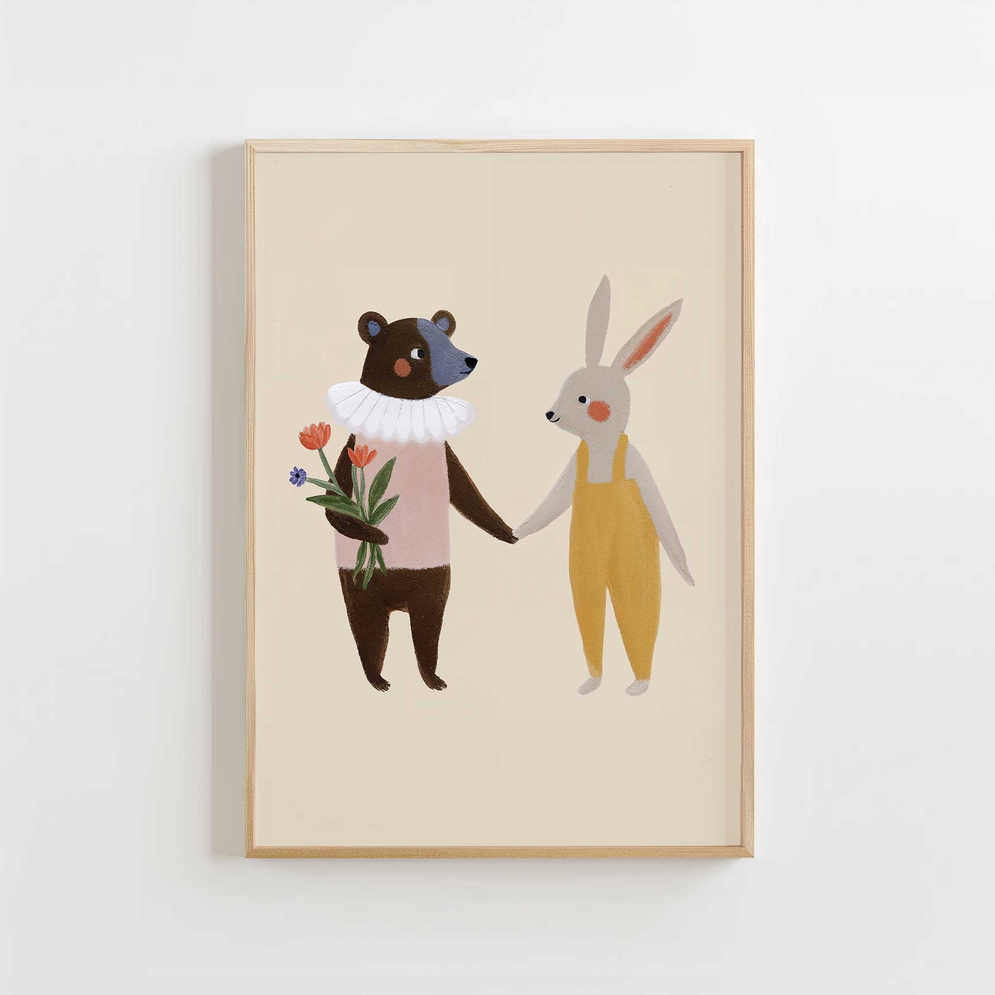 Heartwarming Bear and Bunny Friends illustration, minimalist print for sibling room decor