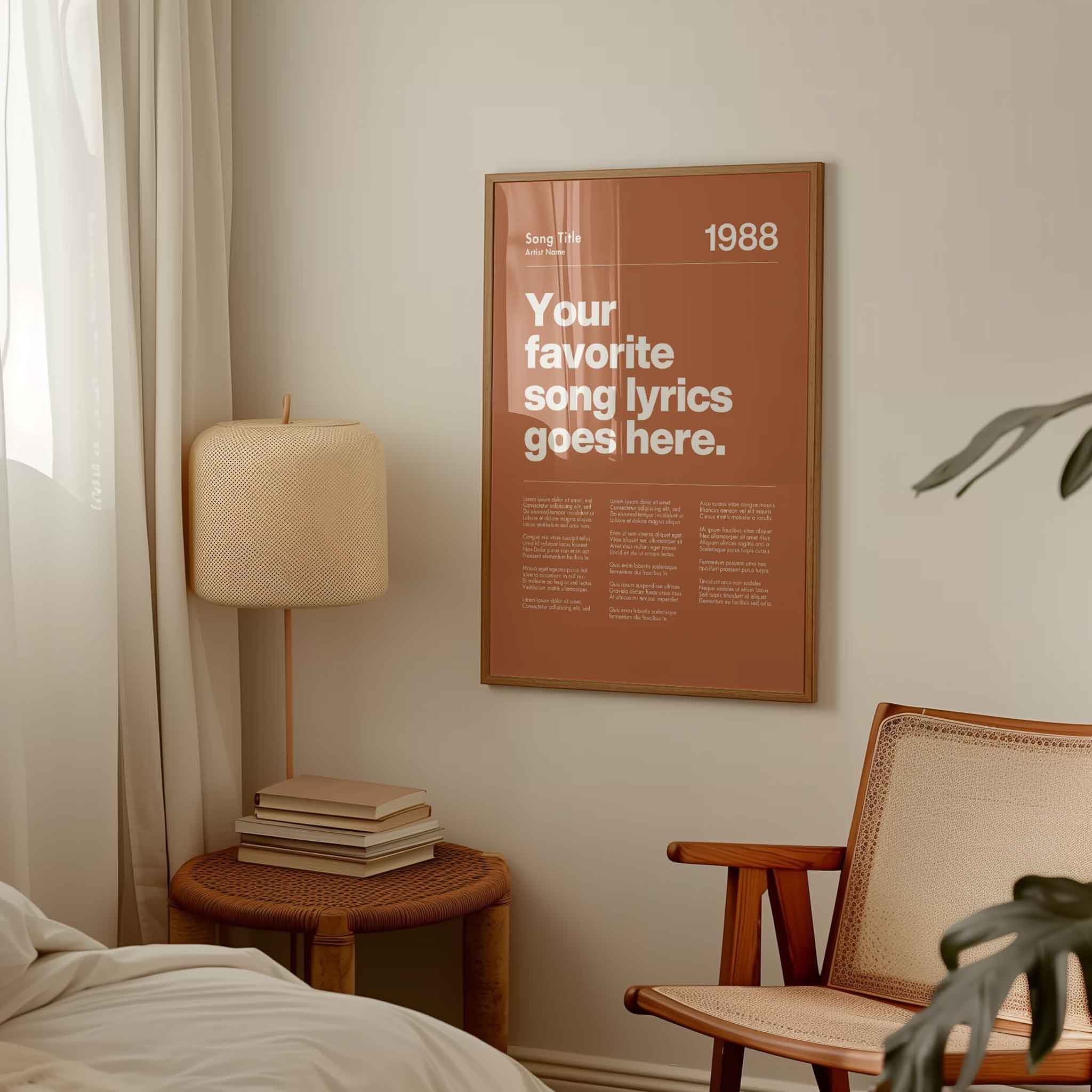 a bedroom with a poster on the wall