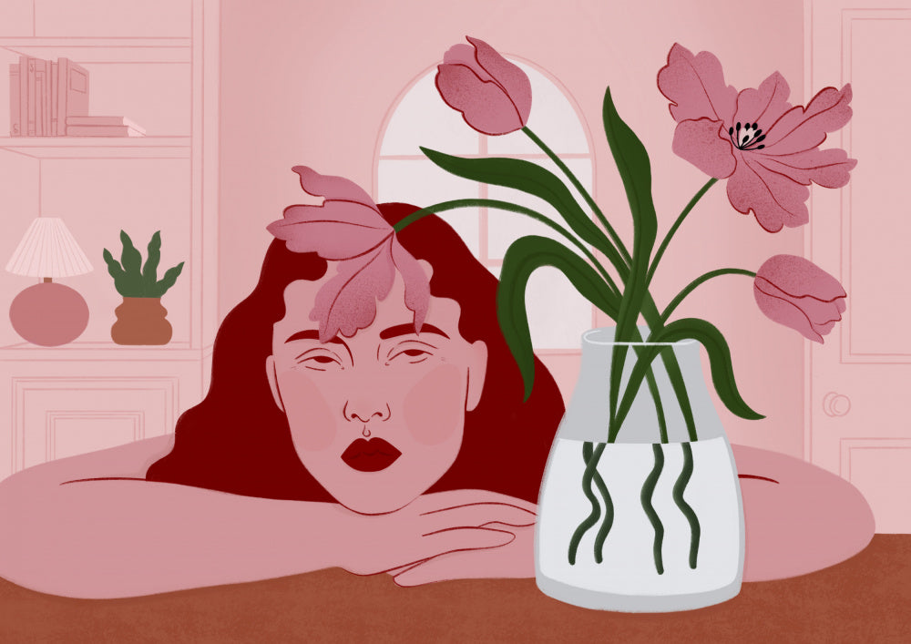 Pensive Woman and Tulips