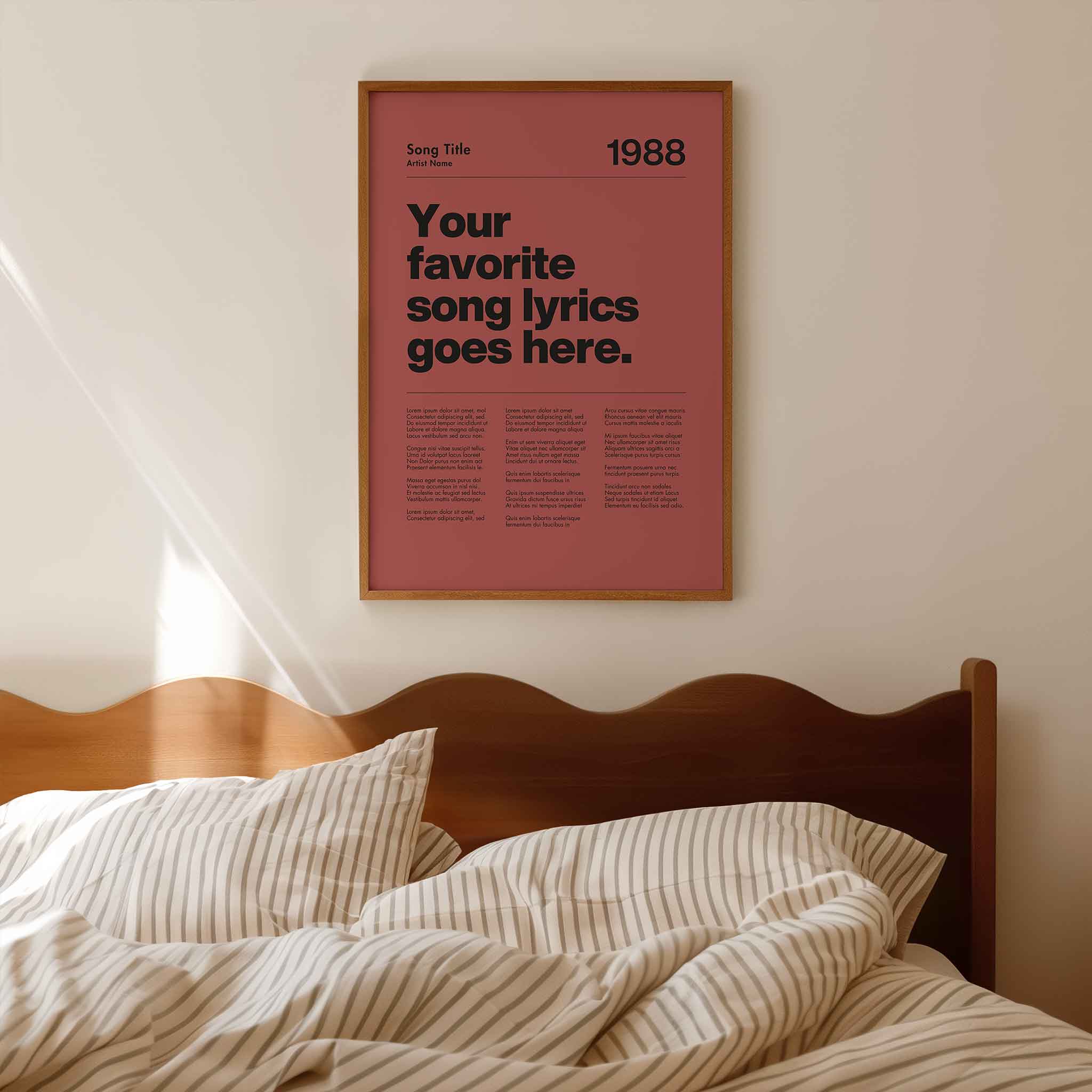 a bed with a poster above it that says your favorite song lyrics goes here