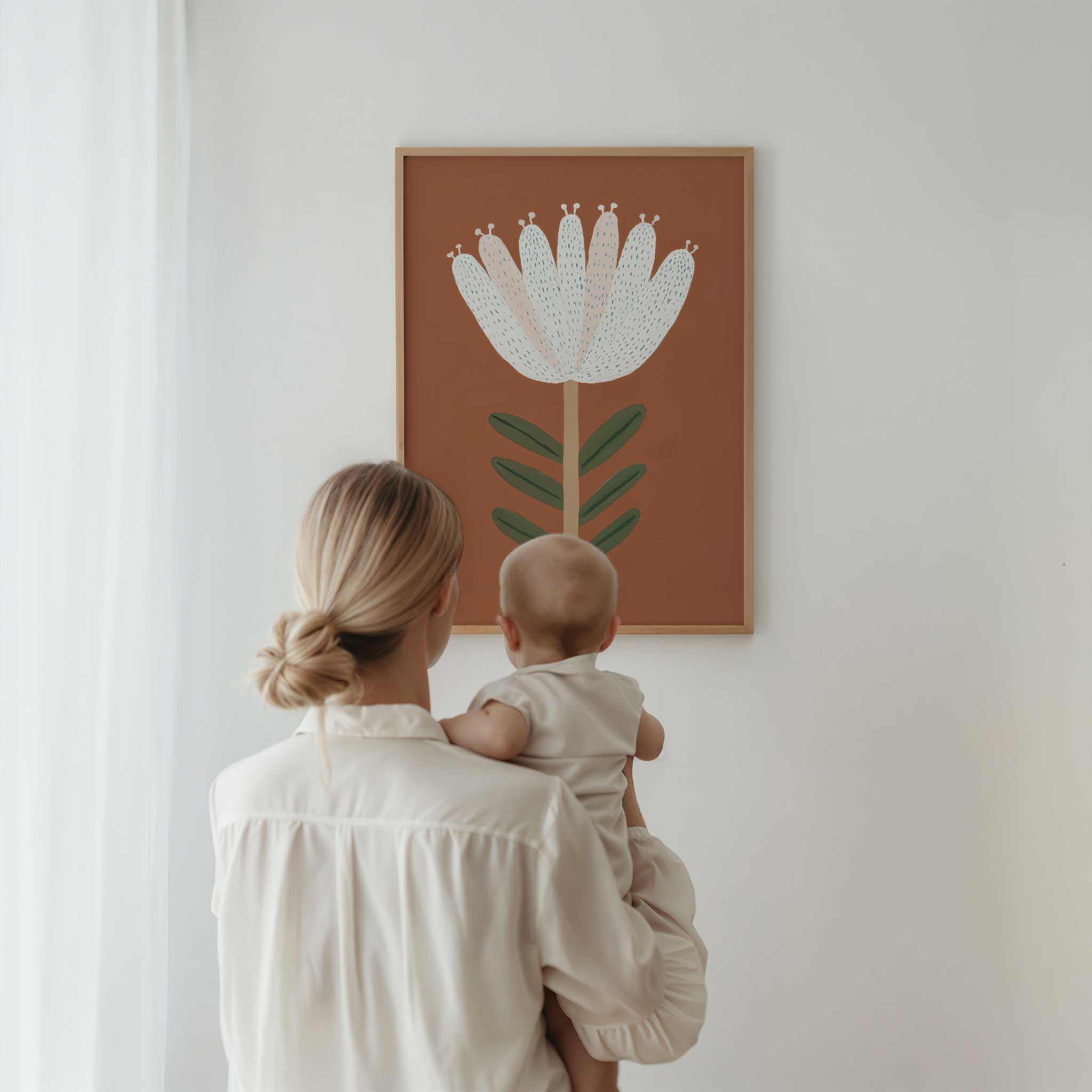 Charming Whimsical Bloom flower illustration, soft aesthetic print for nature-inspired playroom