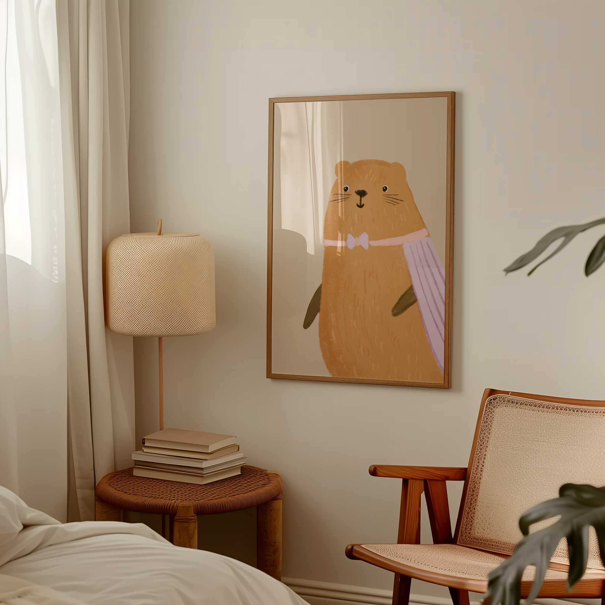 Brave Superhero Beaver in pastel cape, charming modern wall art for courageous kids reading corner