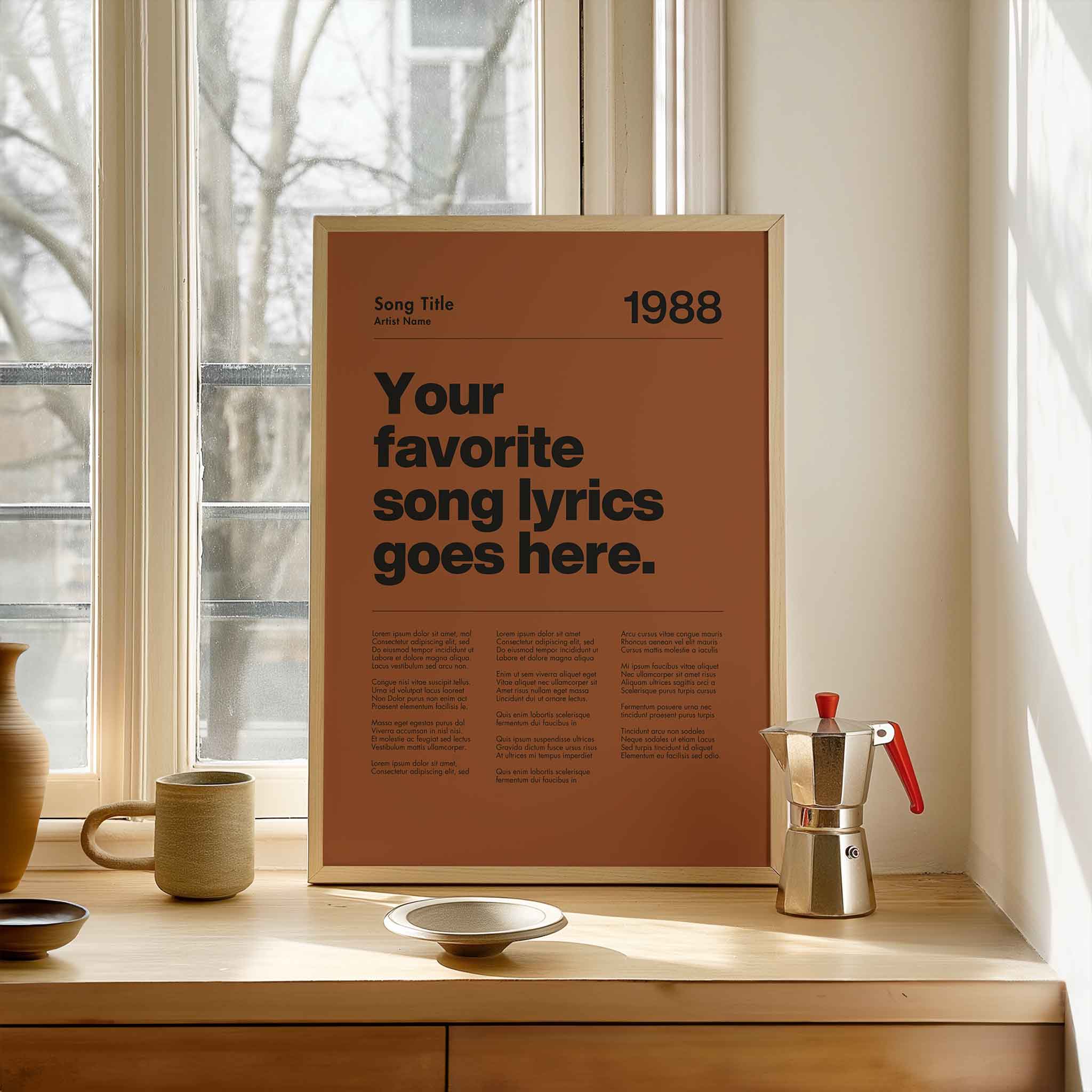 a poster sitting on top of a table next to a window