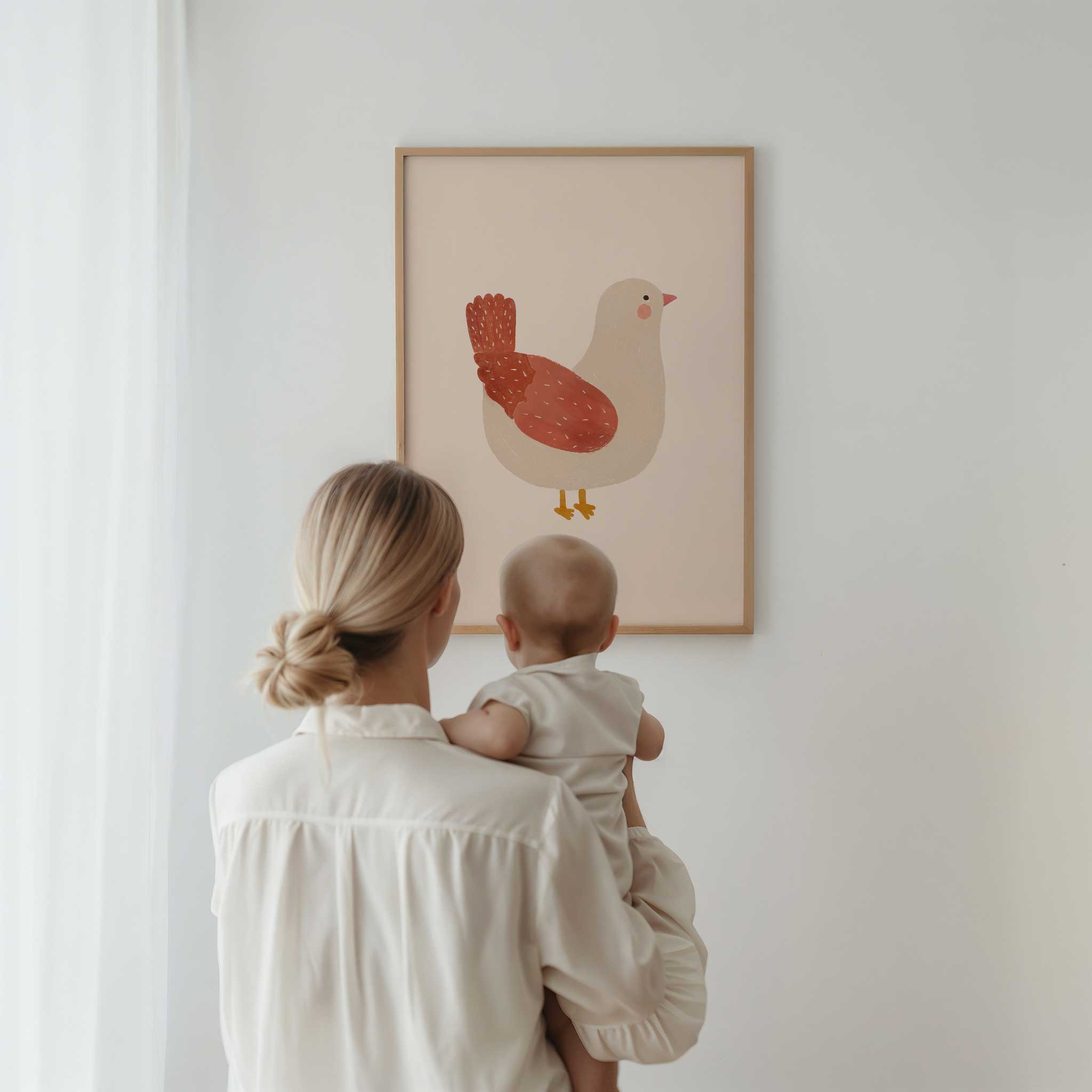 Sweet Blush Red Hen illustration, cozy farmhouse-inspired aesthetic print for nursery
