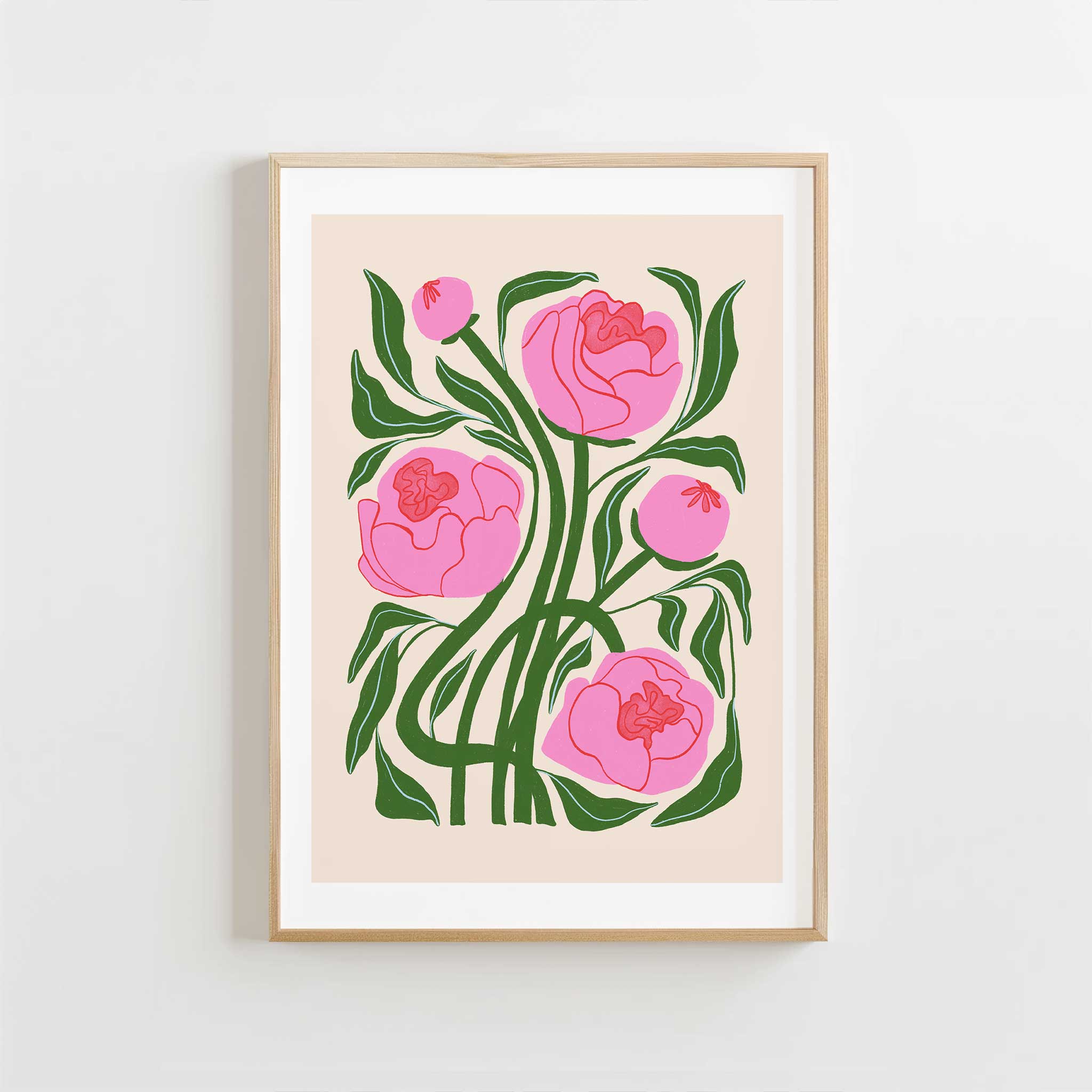 Modern floral 'Pink Peonies', botanical minimalist wall art with a bright aesthetic, titled 'Pink Peonies'