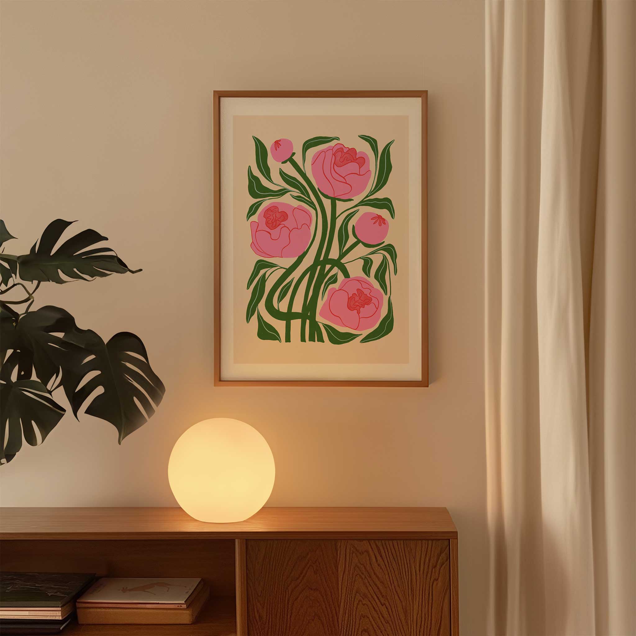 Modern floral 'Pink Peonies', botanical minimalist wall art with a bright aesthetic, titled 'Pink Peonies'