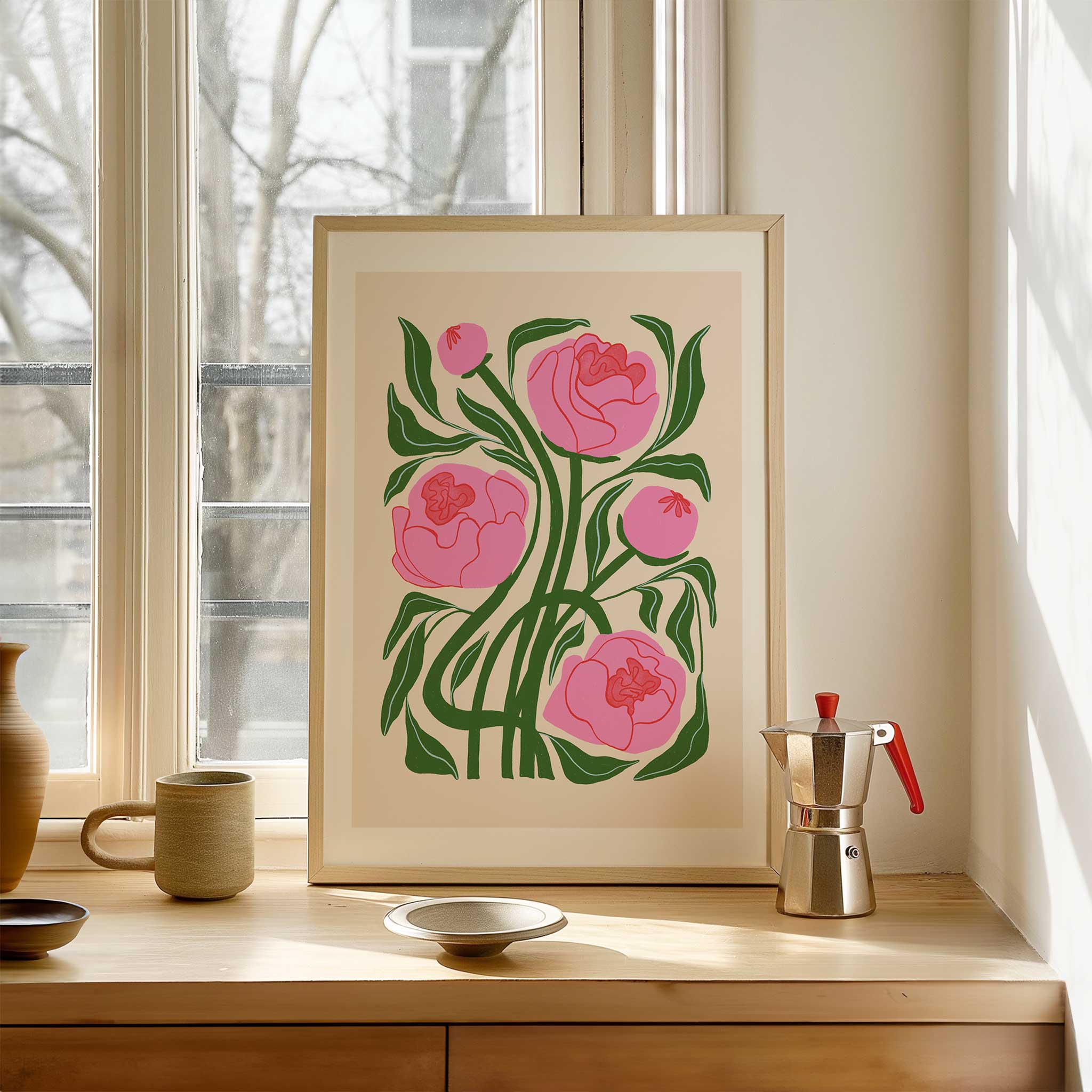 Modern floral 'Pink Peonies', botanical minimalist wall art with a bright aesthetic, titled 'Pink Peonies'