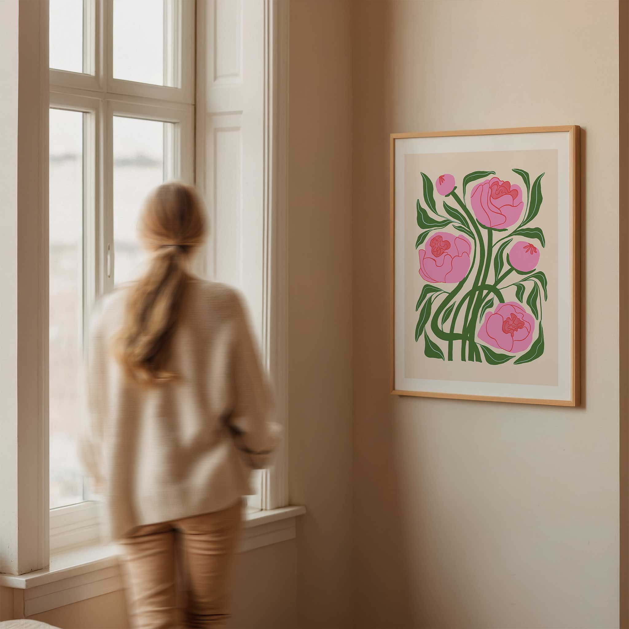 Modern floral 'Pink Peonies', botanical minimalist wall art with a bright aesthetic, titled 'Pink Peonies'