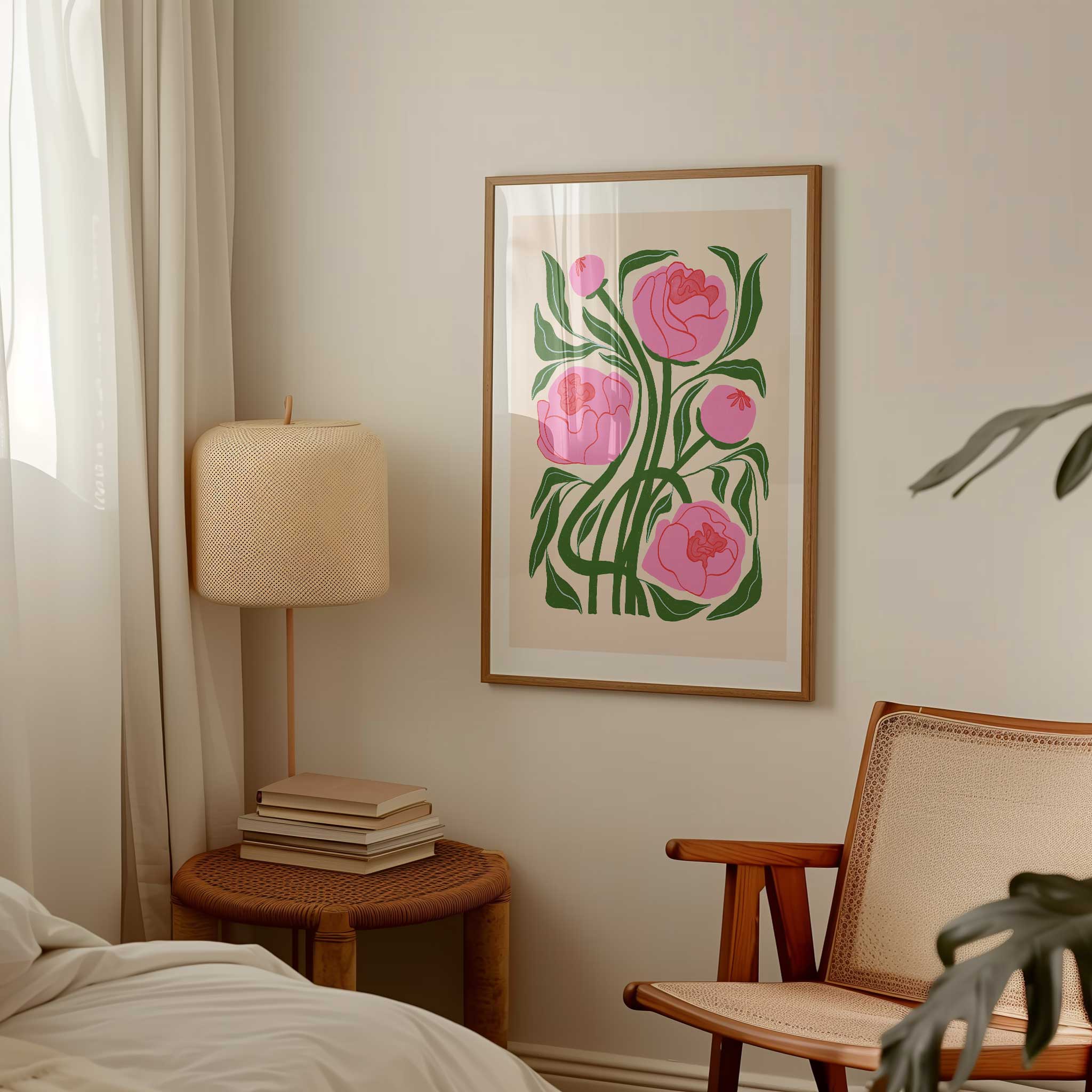 Modern floral 'Pink Peonies', botanical minimalist wall art with a bright aesthetic, titled 'Pink Peonies'