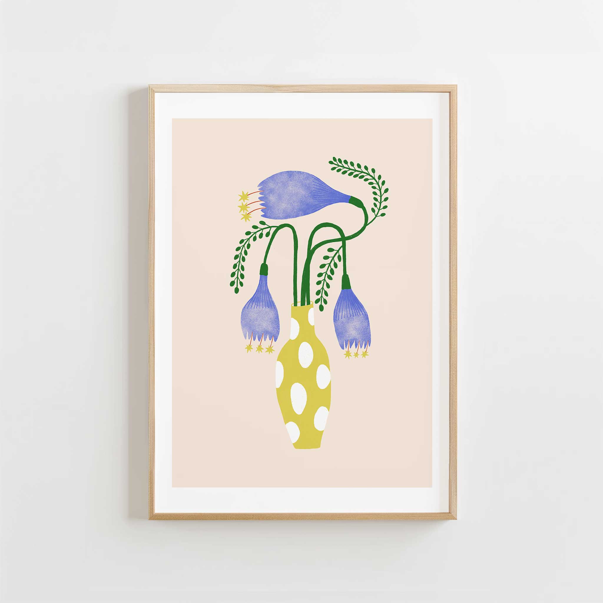 Floral 'Spotted Vase Blooms' in spotted vase, unique minimalist wall art with an artistic aesthetic, titled 'Spotted Vase Blooms'