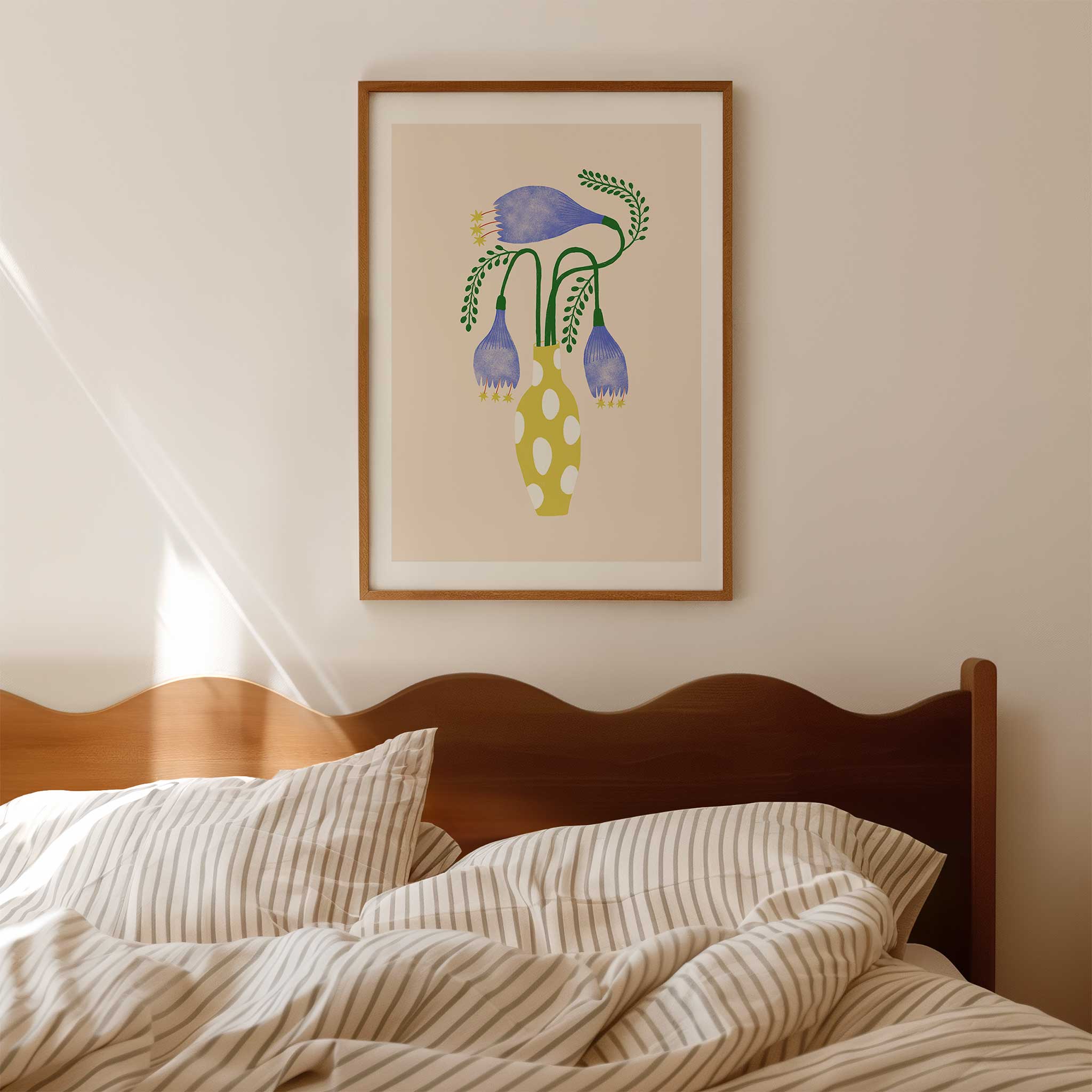 Floral 'Spotted Vase Blooms' in spotted vase, unique minimalist wall art with an artistic aesthetic, titled 'Spotted Vase Blooms'