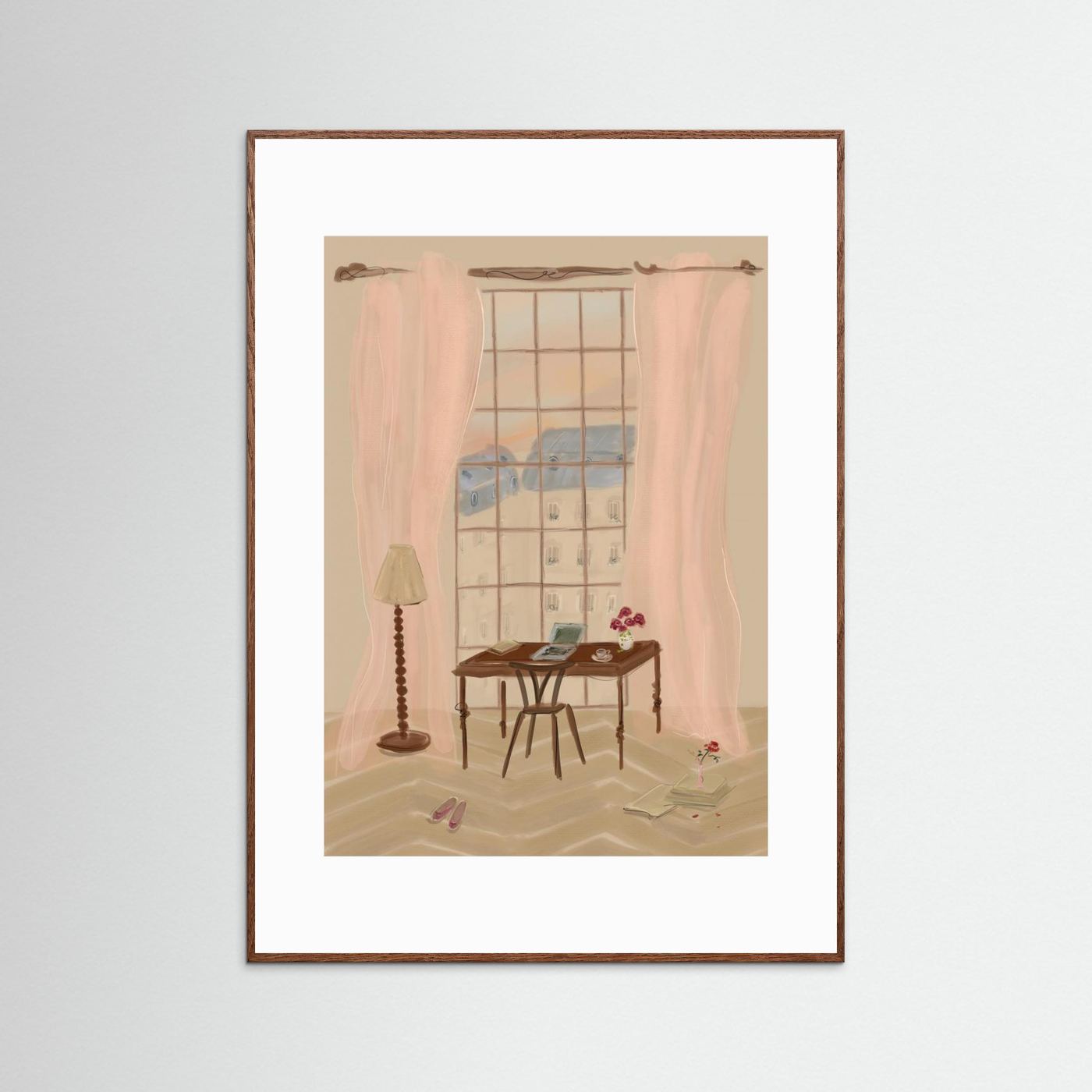 Paris Window View Illustration with Rustic Desk by Katharina Puritscher