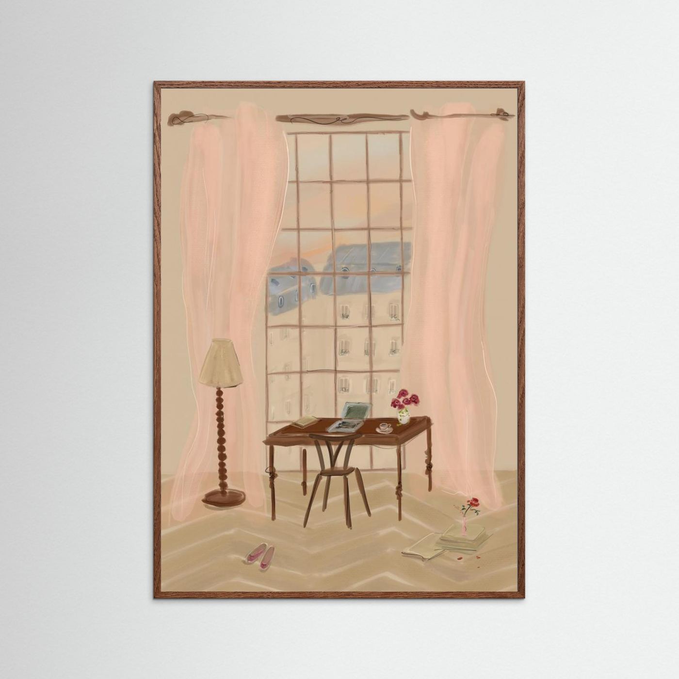 Paris Window View Illustration with Rustic Desk by Katharina Puritscher