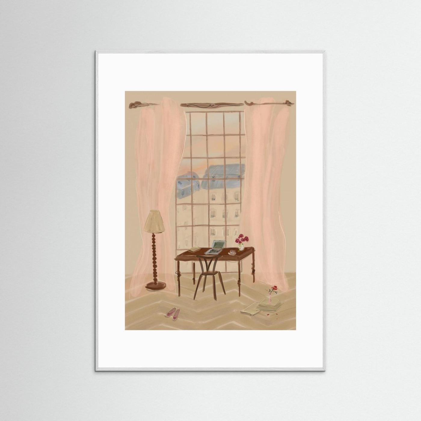 Paris Window View Illustration with Rustic Desk by Katharina Puritscher