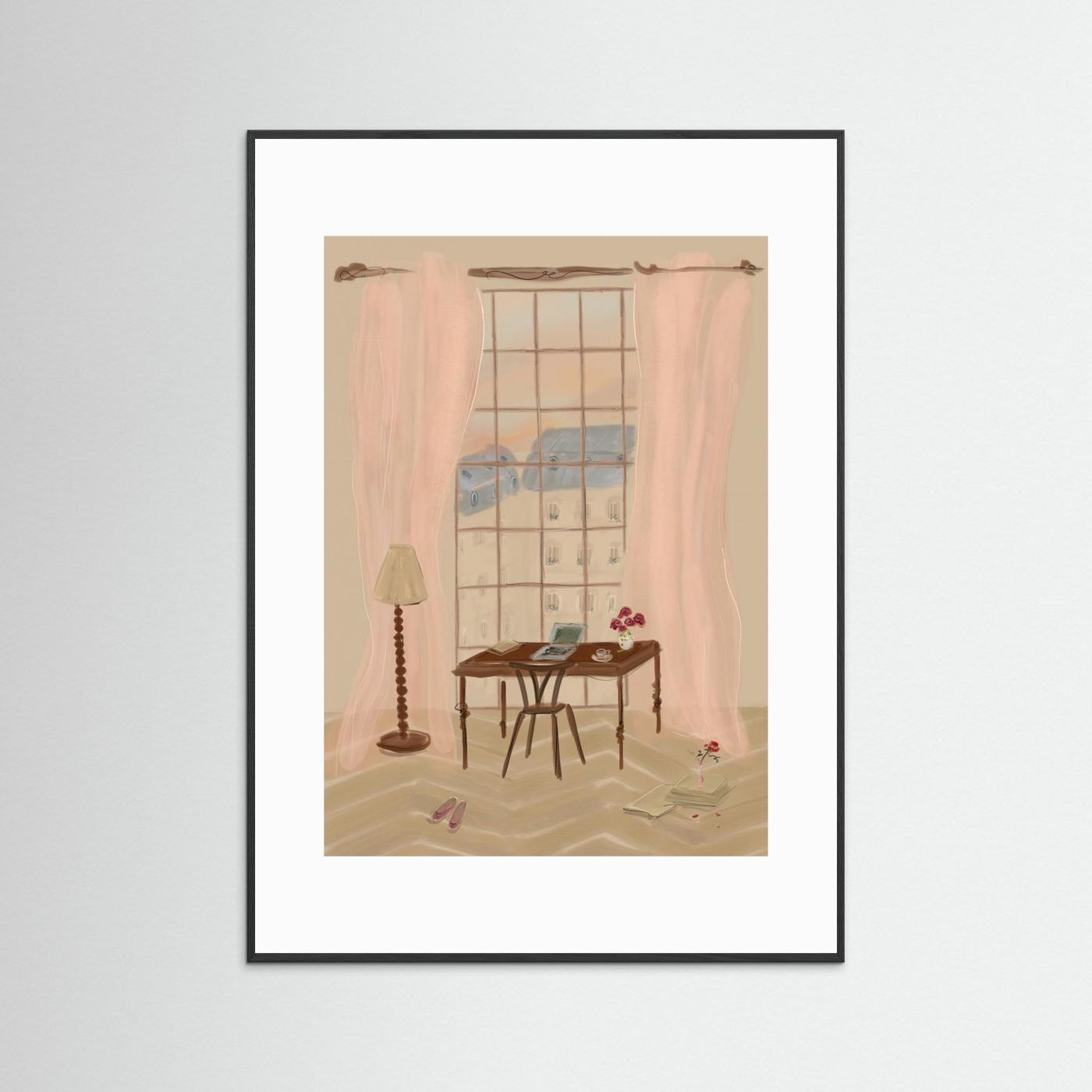 Paris Window View Illustration with Rustic Desk by Katharina Puritscher