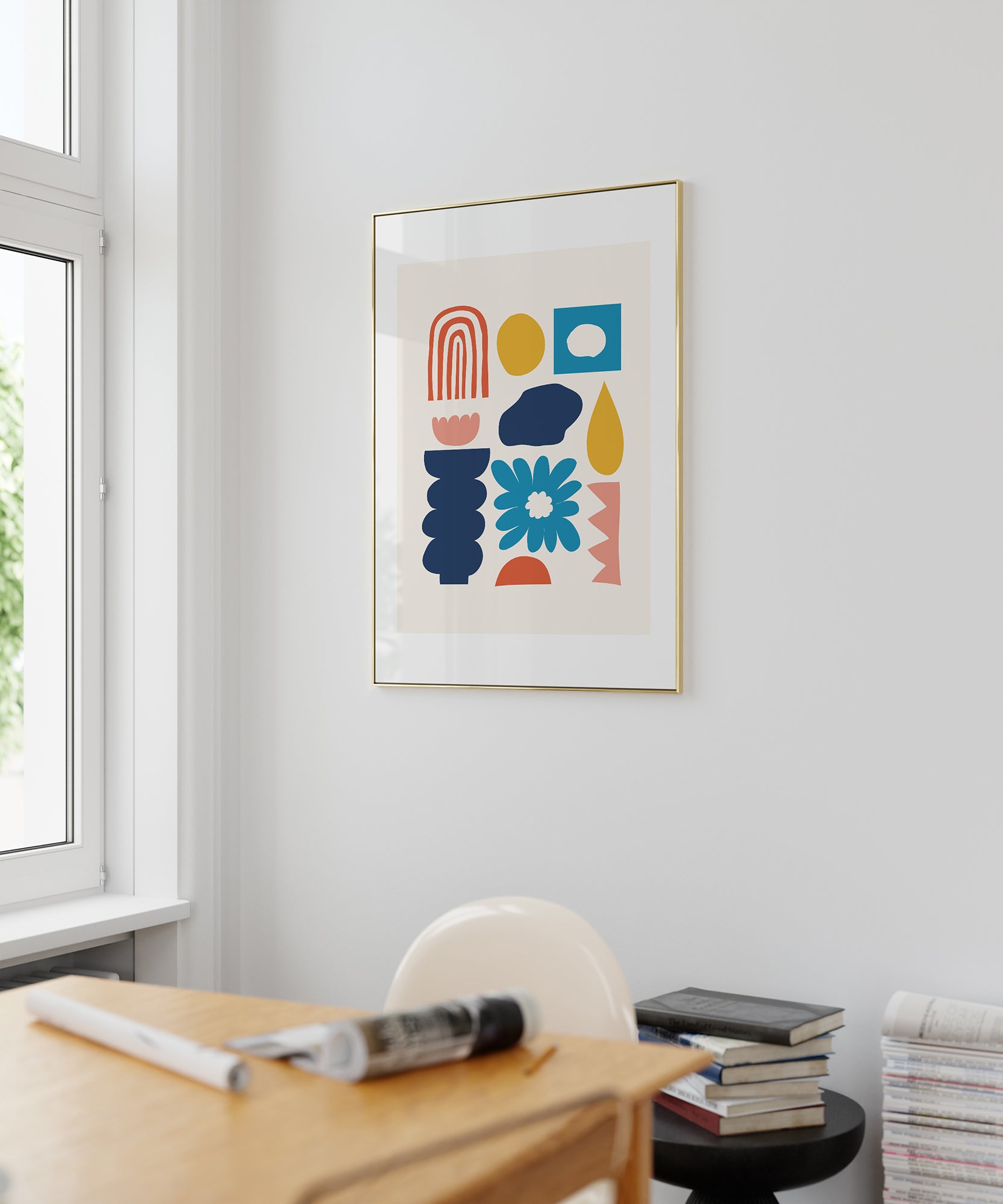 Vibrant 'Colorful Collage v1' abstract art, modern wall art for a playful nursery aesthetic.