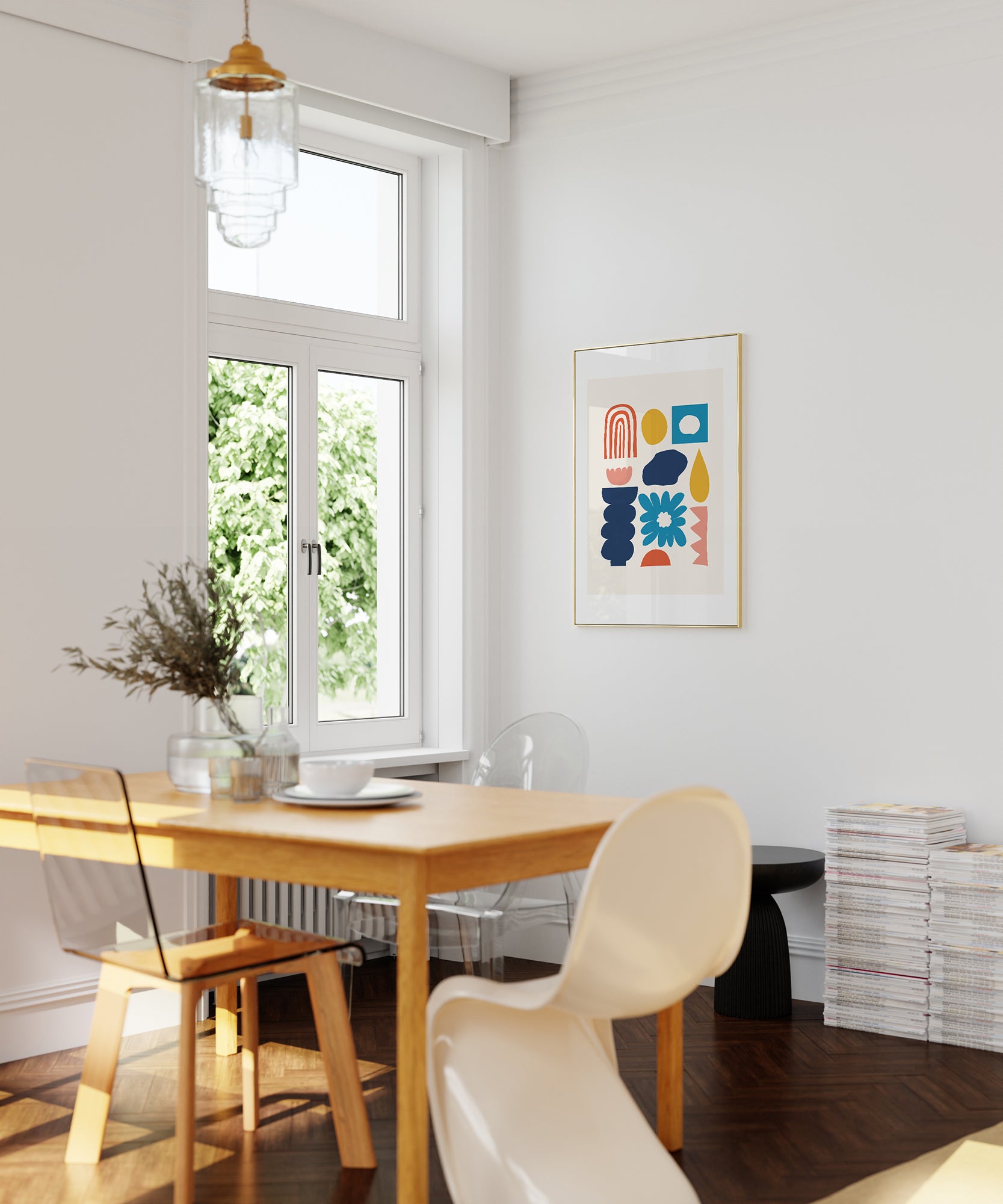 Vibrant 'Colorful Collage v1' abstract art, modern wall art for a playful nursery aesthetic.