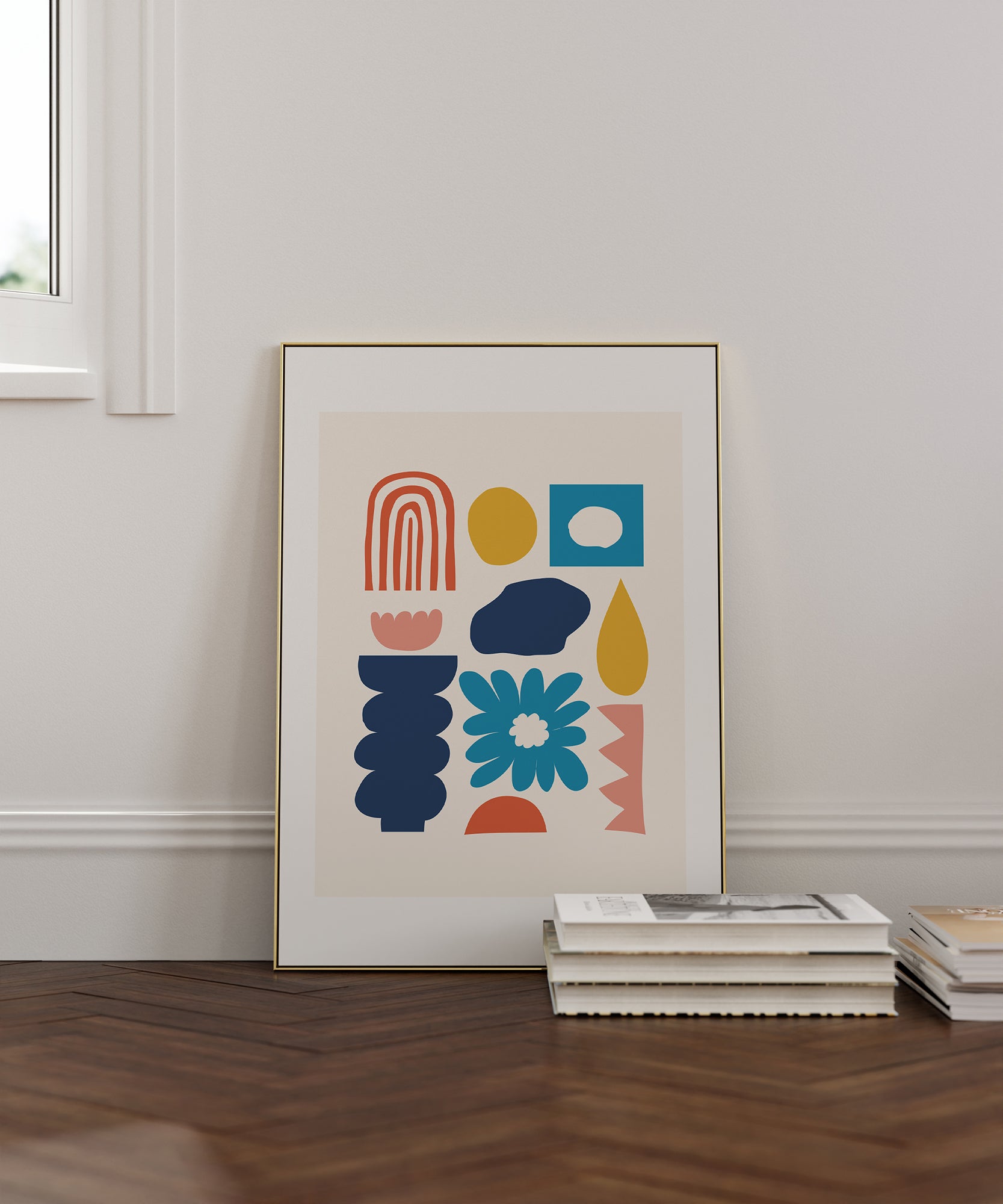 Vibrant 'Colorful Collage v1' abstract art, modern wall art for a playful nursery aesthetic.