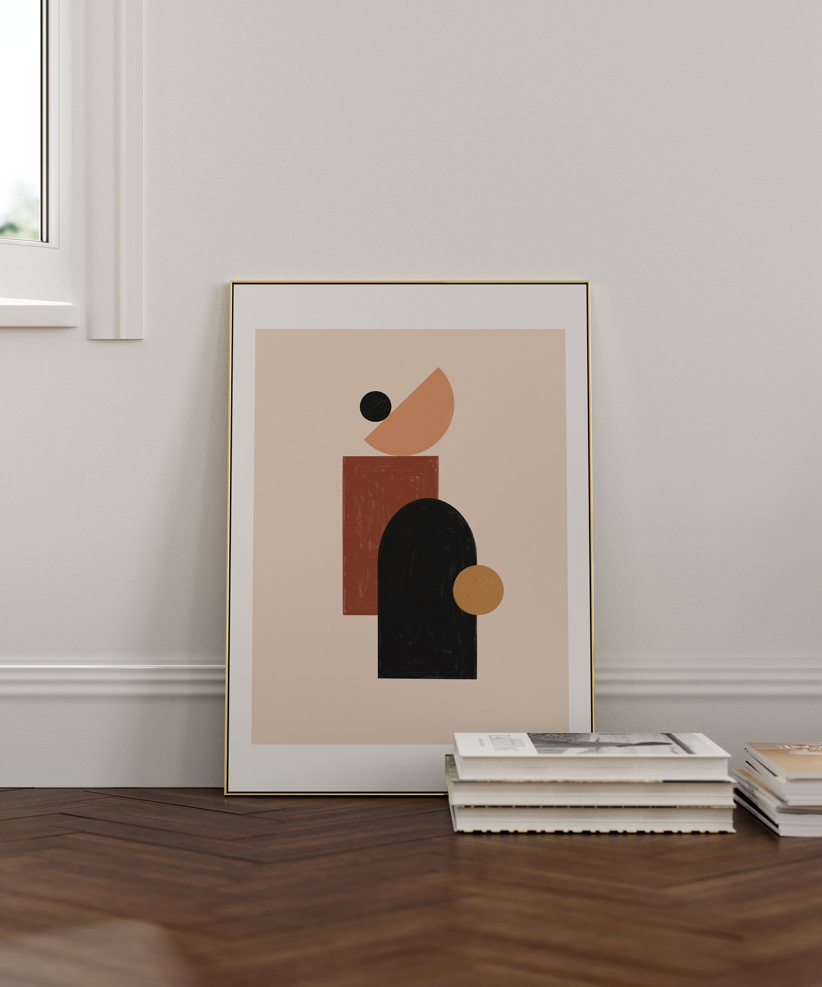 Bohemian 'Desert Dreams' abstract art, framed abstract prints with warm earthy aesthetic.