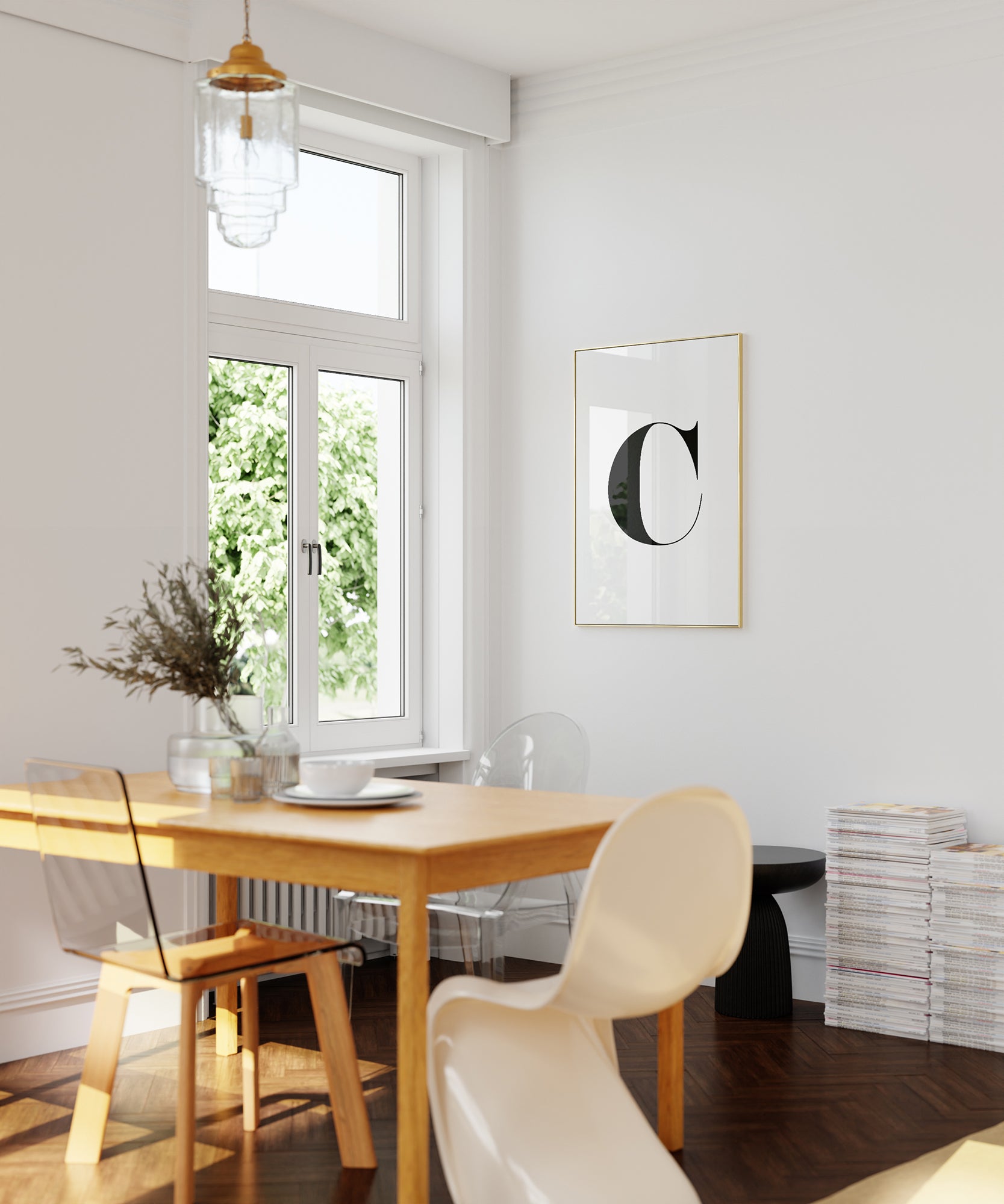 Classic black and white 'C LETTER B&W' initial, minimalist wall art for a bold monochrome aesthetic.