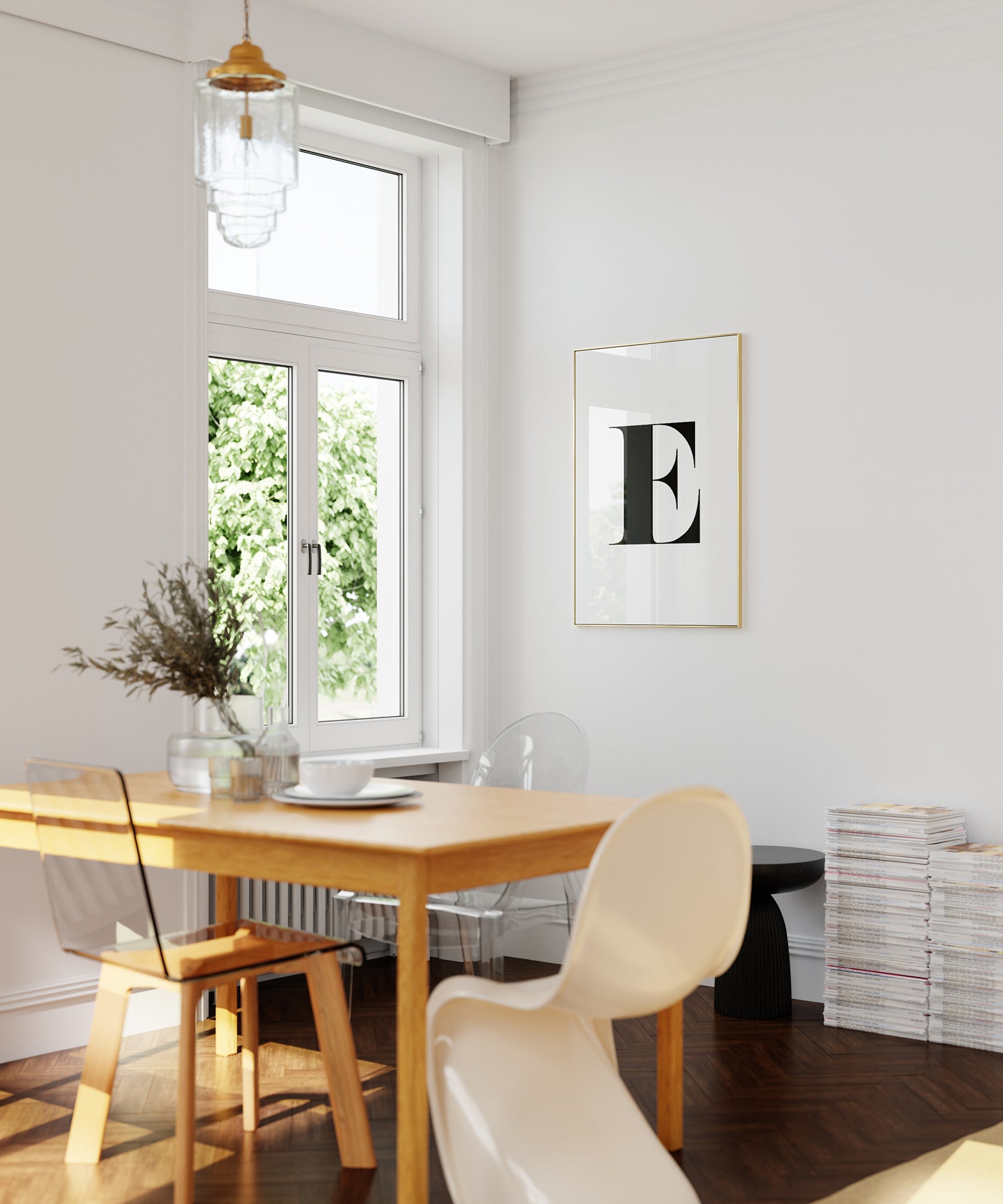 Striking black and white 'E LETTER B&W' initial, modern wall art for a sophisticated aesthetic.