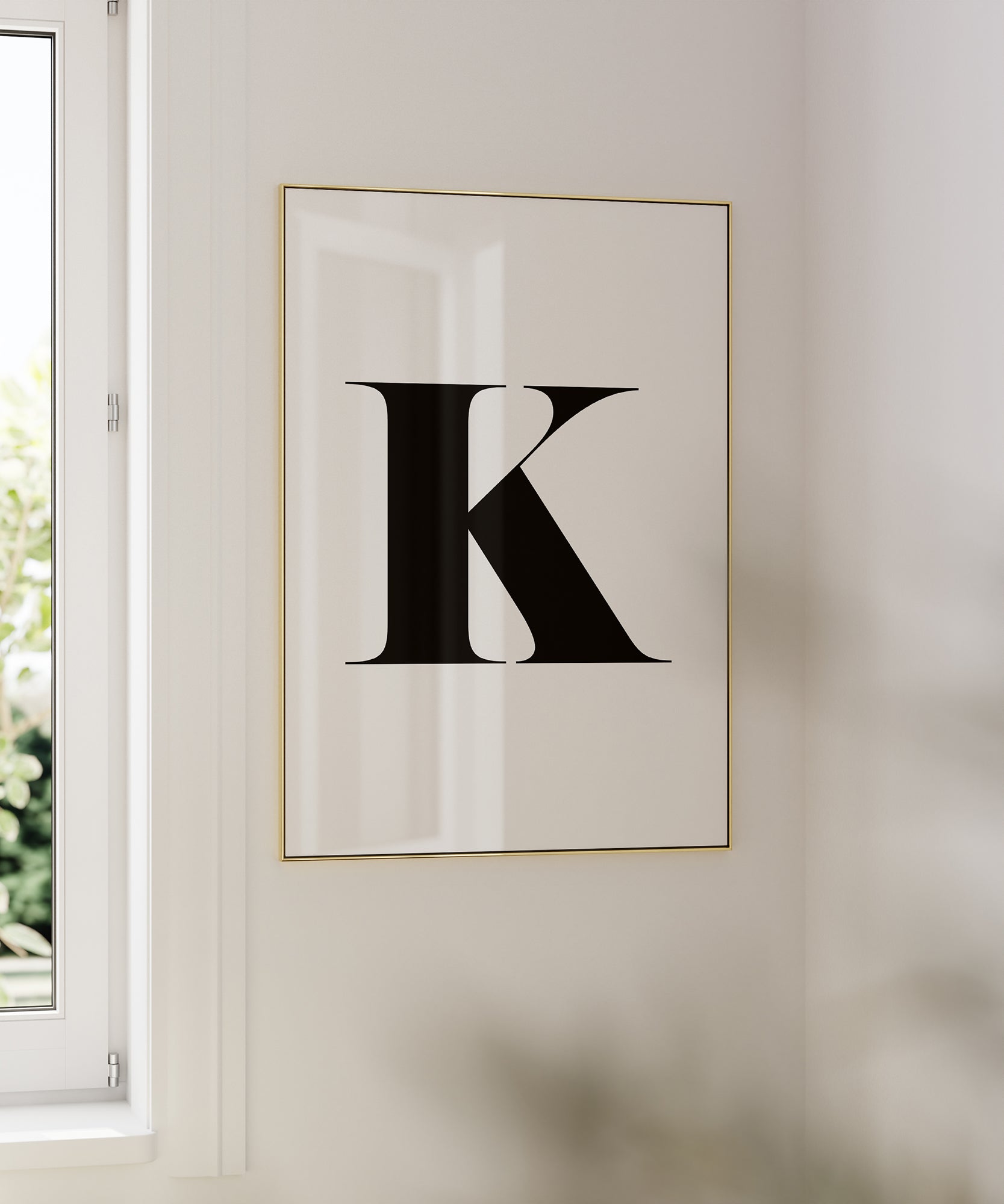 Sophisticated black and white 'K LETTER B&W' initial, modern wall decor for an elegant aesthetic.