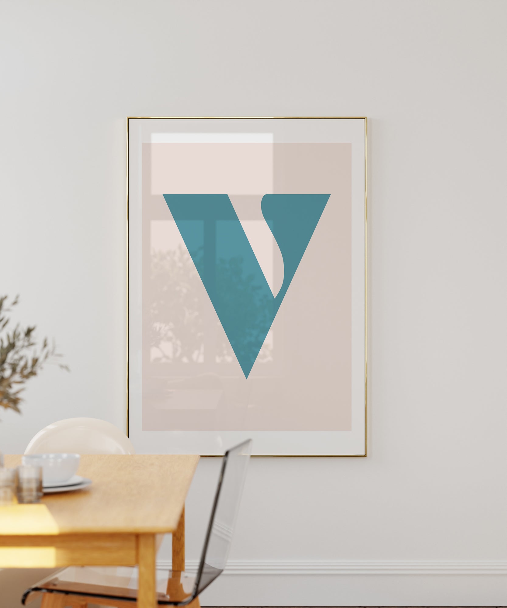 Elegant pastel 'V LETTER PASTEL' initial, aesthetic wall art for modern office or living room.