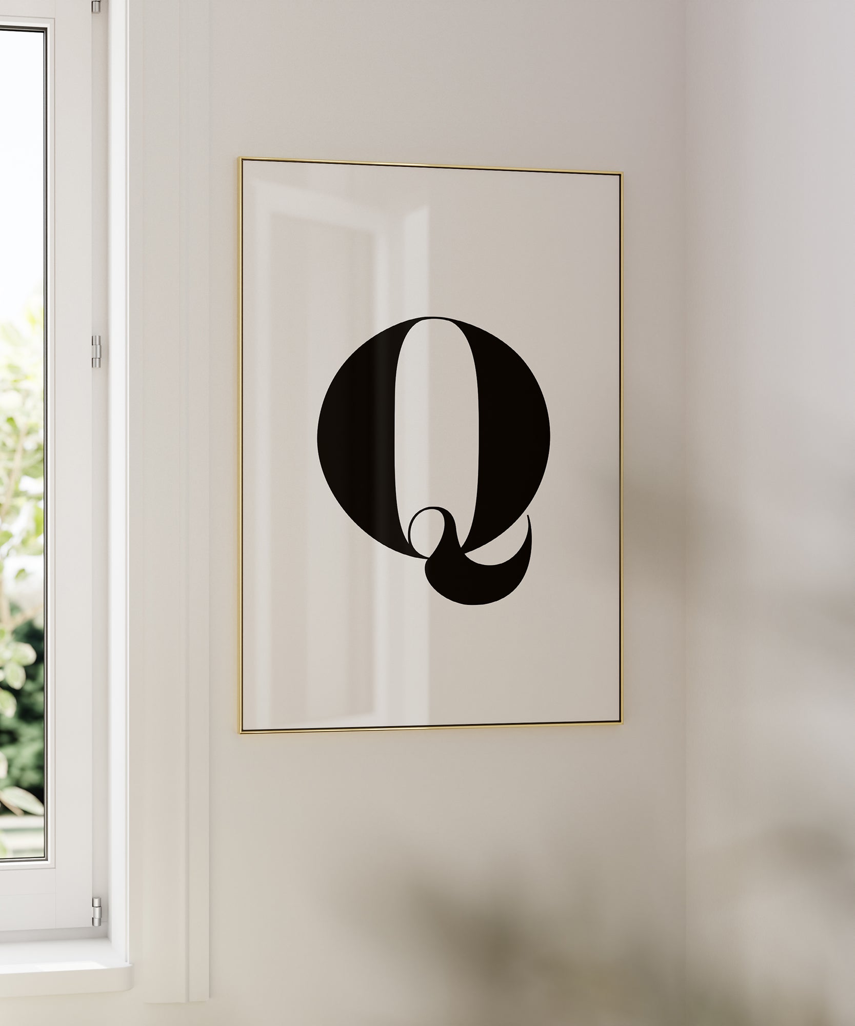 Timeless black and white 'Q LETTER B&W' initial, minimalist wall art for a sophisticated aesthetic.