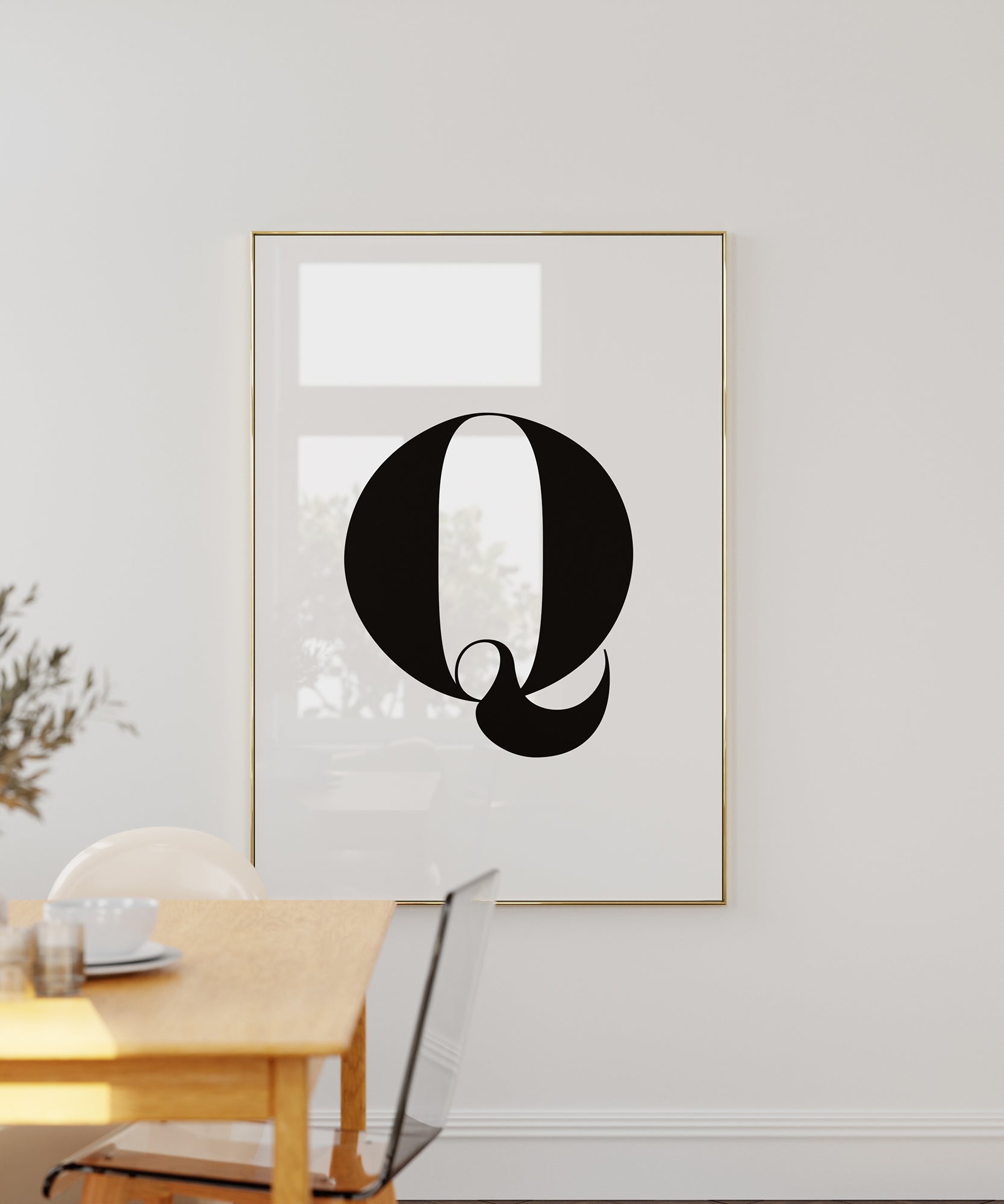 Timeless black and white 'Q LETTER B&W' initial, minimalist wall art for a sophisticated aesthetic.